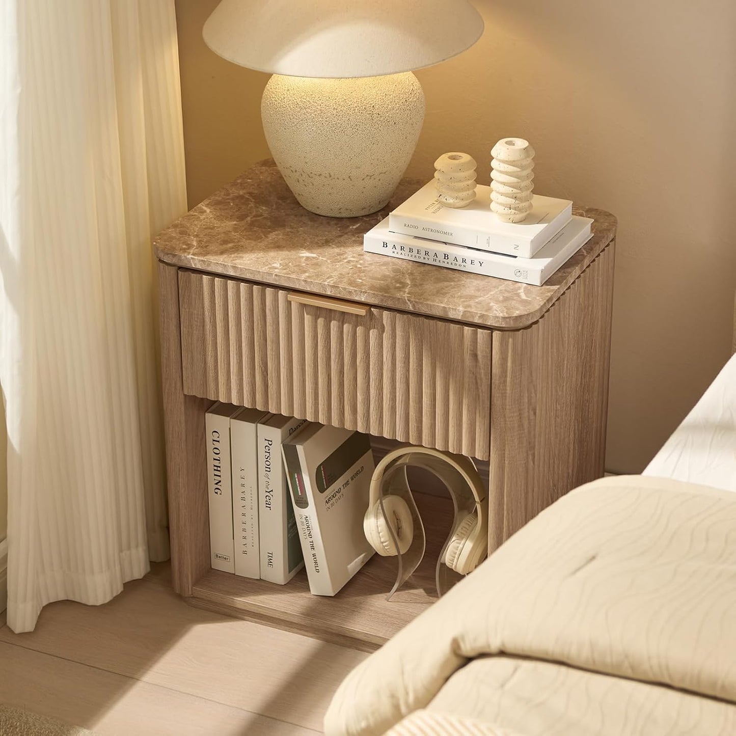 Fluted Nightstand Set of 2, Bedside Table with Faux Marble-Top, Engineered Wood Side Table with Drawer Open Shelf, Curved Corners, Modern Night Stand for Bedroom, Small Spaces, Natural Oak