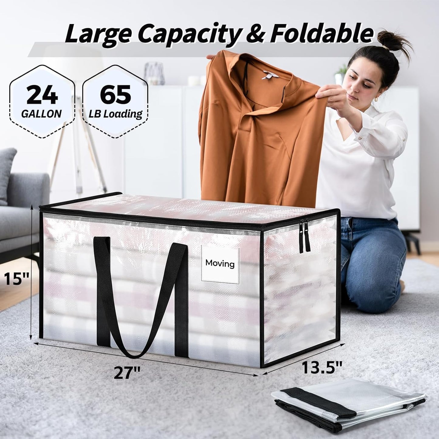 16 Pack Extra Large Heavy Duty Moving Bags, Clear Storage Bins with Lids, Reinforced Handles & Heavy-Duty Zippers Moving Boxes Storage Bags Totes for Clothes Packing, Dorms, College Supplies, Clear
