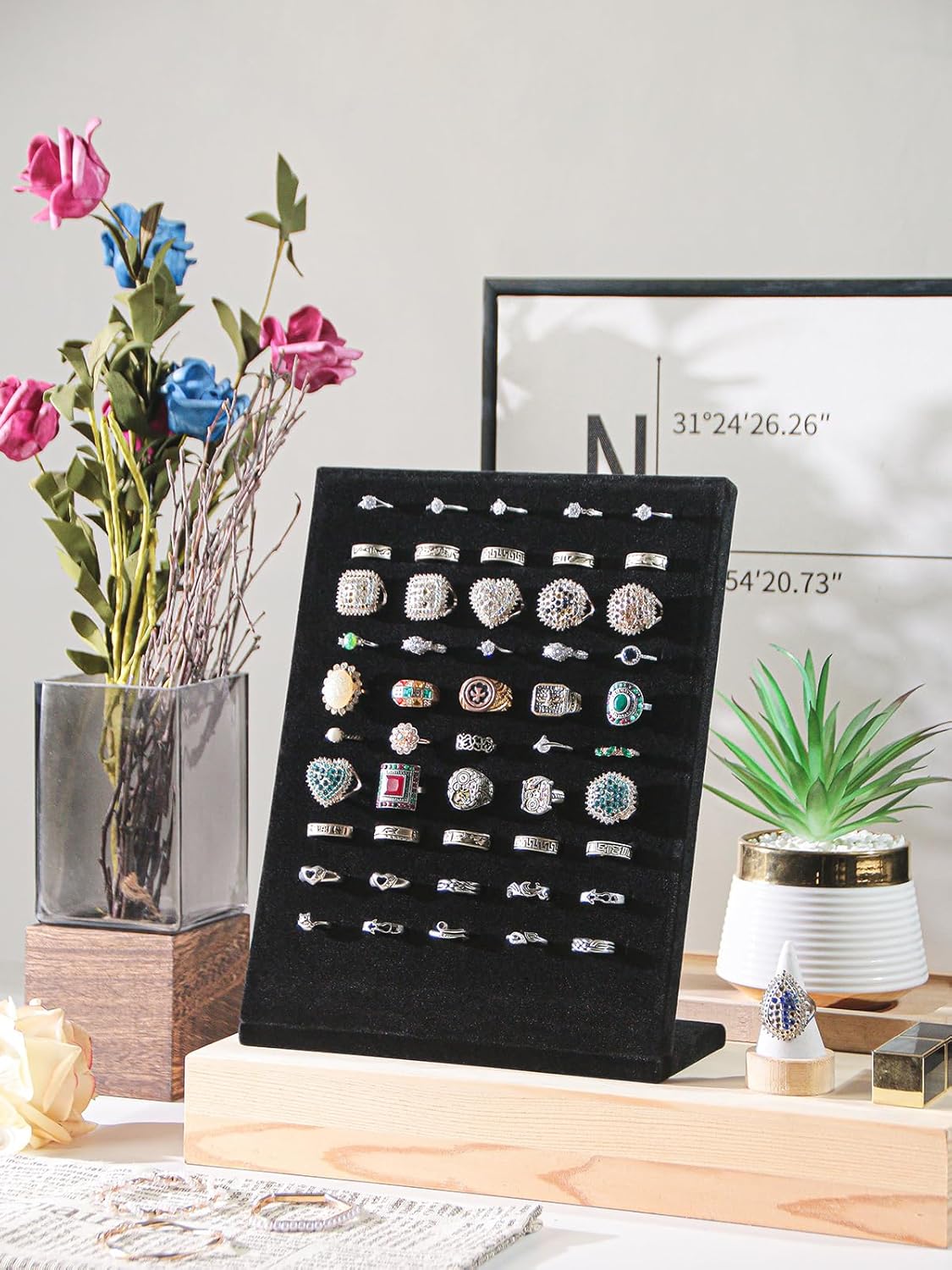 Ring Board Display Stand,Velvet Jewelry Earring Organizer Holder for Selling,Vendors Storage Tray for Multiple Rings (Black)