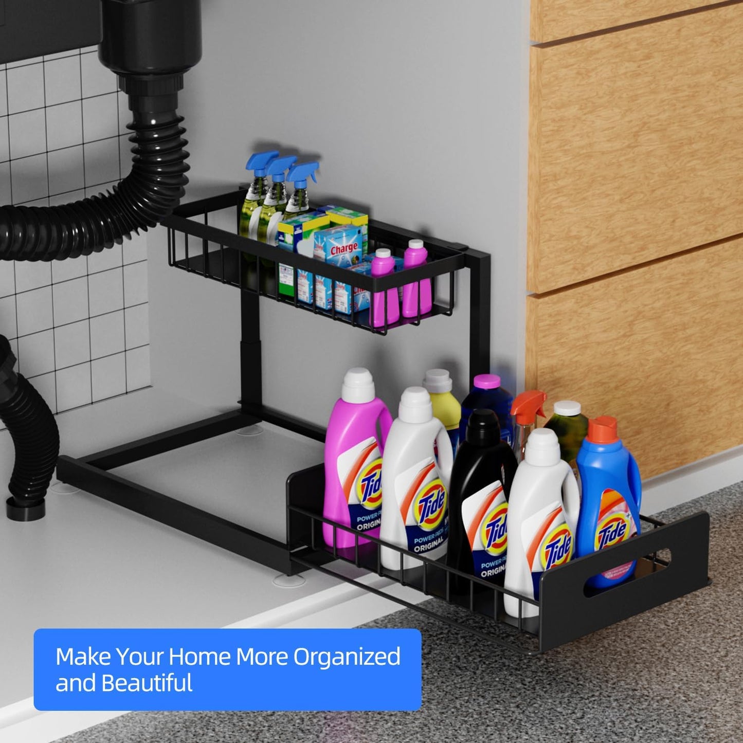 2-Tier Under Sink Slide Out Organizer, 2 Pack Pull Out Cabinet Storage Shelf with Sliding Wire Basket Drawer for Bathroom Kitchen, Countertop or Pantry Shelf, Black