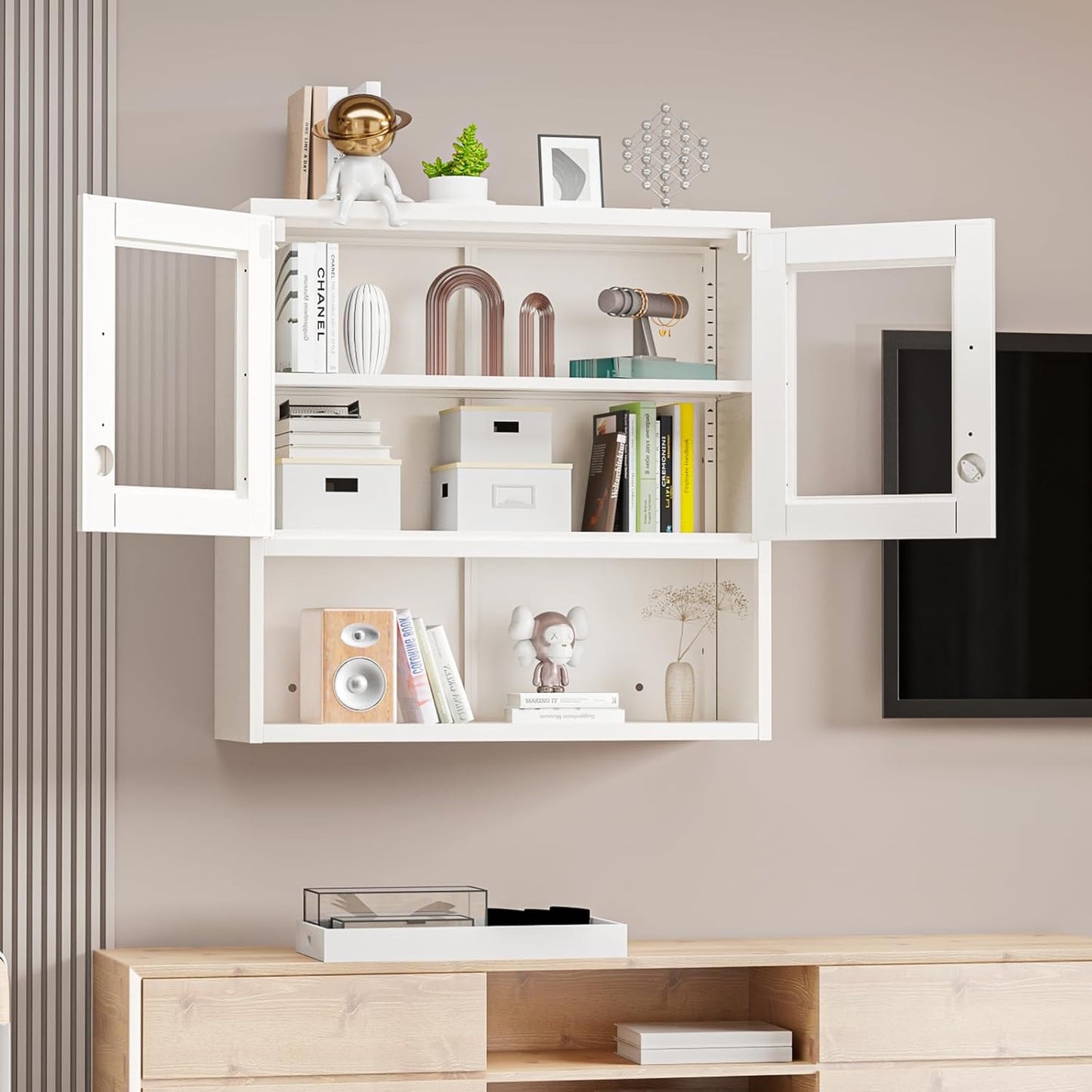 VINGLI Metal Wall Cabinet with Locking Glass Doors, Adjustable Shelf, Wall Mounted Storage Display Cabinets for Garage, Kitchen, Home Office, Warehouse, Living Room, White