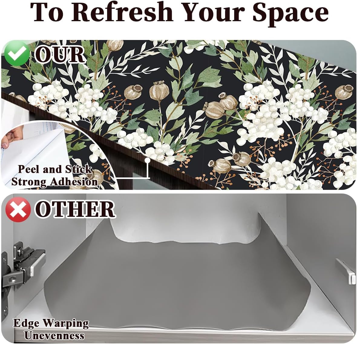 Floralplus Shelf Liner for Cabinet Kitchen, Self Adhesive Cabinet Drawer Liner, Floral Contact Paper for Kitchen, Waterproof Pantry Countertop Refrigerator Liners 17.7 x 78.7 in