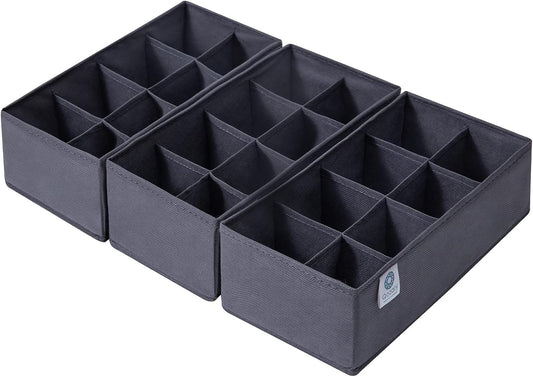 Qozary 3 Pack Sock Underwear Drawer Organizer Dividers, Non-Woven Fabric Collapsible Cabinet Closet Storage Boxes for Clothes, Socks, Lingerie, Underwear, Tie, Belt, Baby, Bedroom (Gray, 8 Cells)