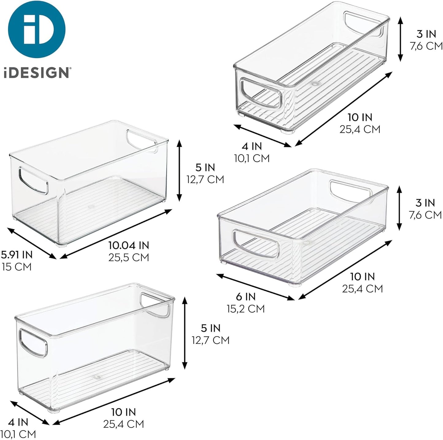 iDesign Stackable Storage Bins for Kitchen or Pantry, 4 Different Sizes, 4 Pack, Clear, Made in USA