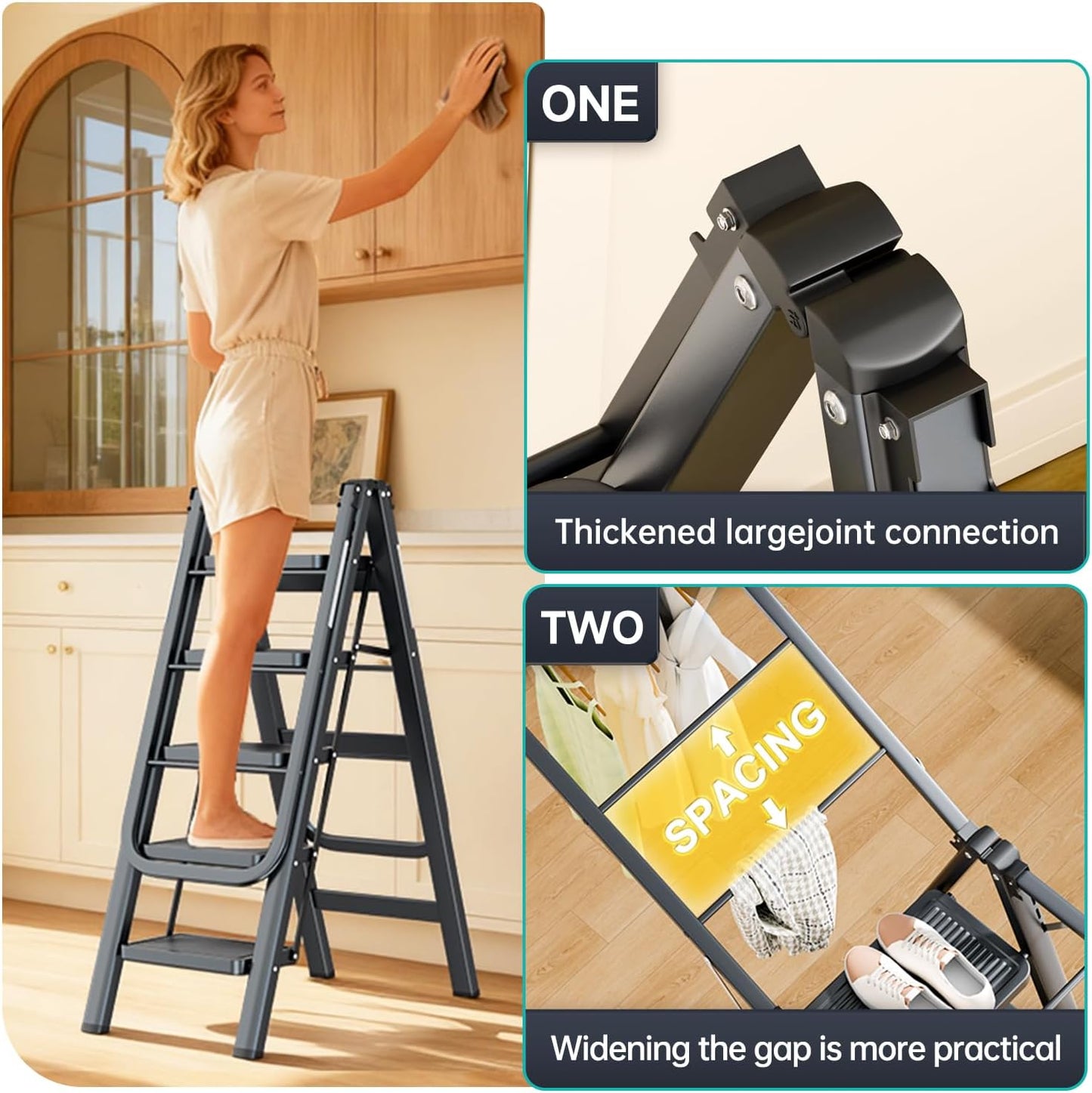 Multi-Functional 5 Step Ladder Used as Clothes Drying Rack,Sturdy Carbon Steel Ladder,Widened Pedal,Foldable & Portable Clothes Drying Rack, Space-Saving Design Indoor&Outdoor Drying (Black)