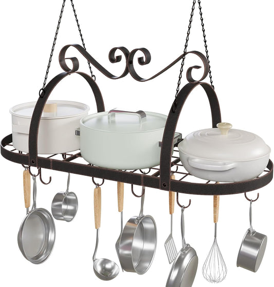 Hanging Pot Rack Ceiling Mount, 33" Metal Ceiling Pan Hanging Rack with 15 S Hooks, Oval Pot and Pan Storage Rack, Decorative Vintage Brown Pot Hangers for Kitchen Organize Utensils Cookware