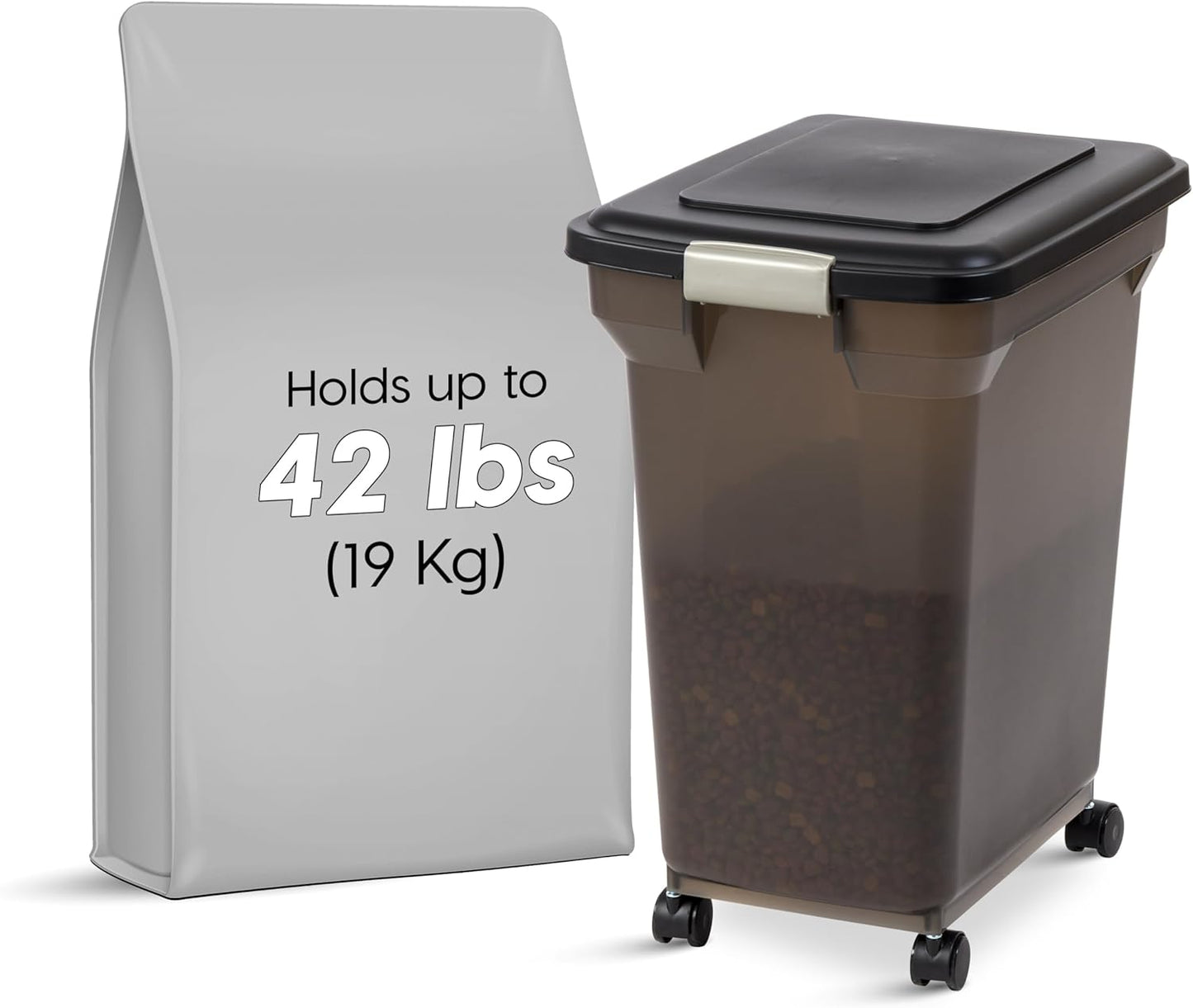 IRIS USA WeatherPro Airtight Dog Food Storage Container, Up to 22 lbs, Attachable Wheels, For Dog Cat Bird and Other Pet Food Storage Bin, Keep Fresh, Easy Mobility, BPA Free, Smoke