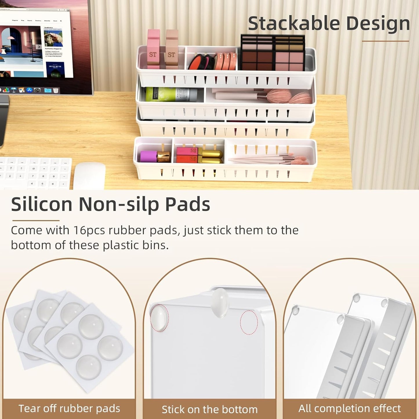 Desk Drawer Organizer Tray 4 PCS Plastic Office Drawer Organizer Bins Junk Organizer Divider with Non-Slip Silicone Pads, Makeup Vanity Organizer for Drawer, White