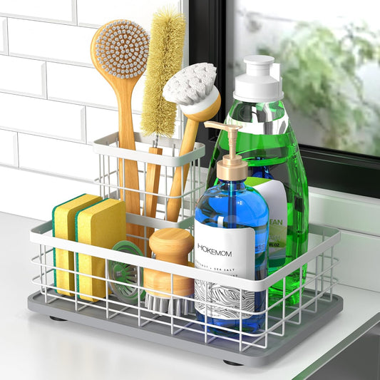 Large Family-Sized Sponge Holder for Kitchen Sink with Brush Holder - Drain-Free Non-Slip Base, 2.6mm Stainless Steel with White Rust-Resistant Coating-10.24"L x 6.5"W x 5.83"H Sink Organizer