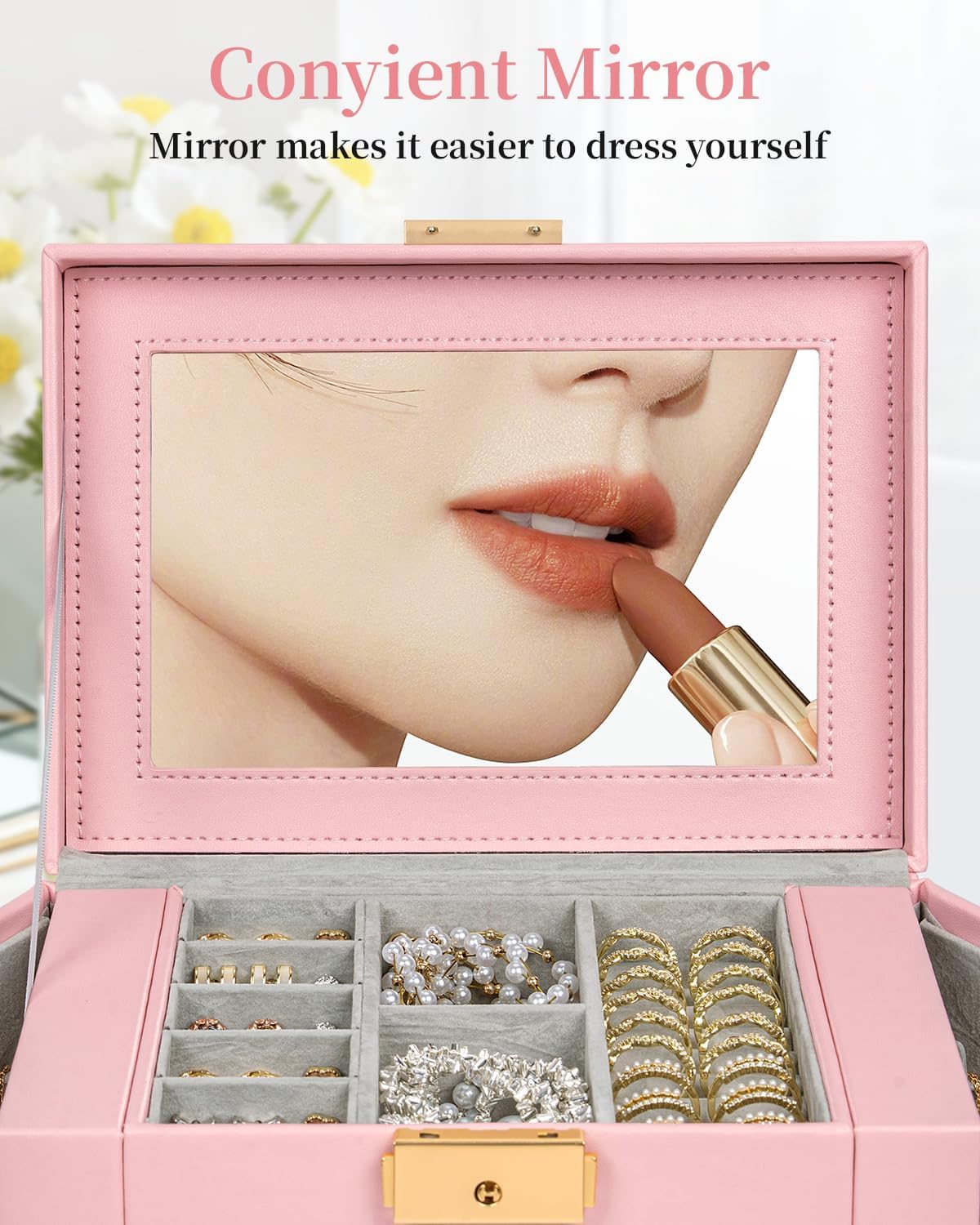 TORIBIO Jewelry Box for Women, Leather Jewelry Organizer with Mirror & Lock, 4-Tier Jewelry Storage Organizer with 3 Drawers for Girls/Women/Mothers, Necklace Earring Bracelets Holder Organizer