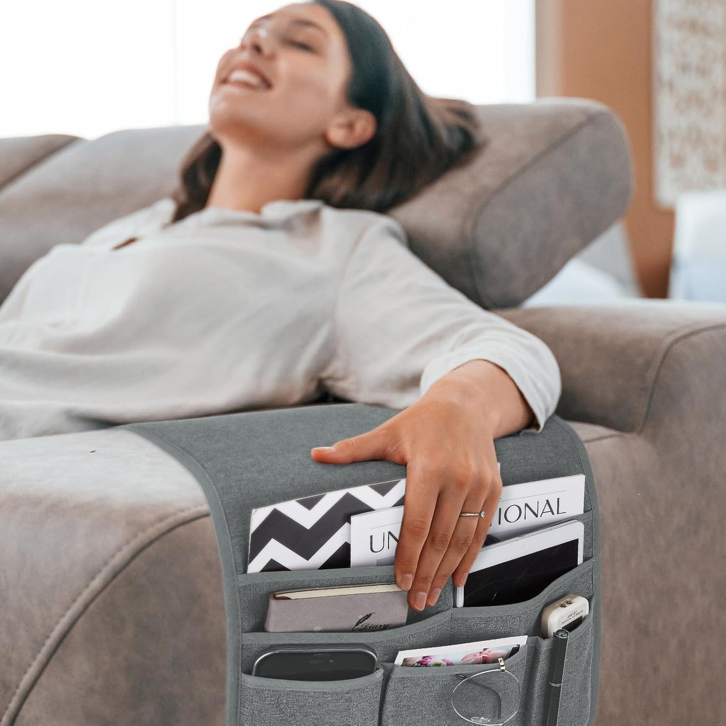 Teniux Remote Control Holder Armchair Caddy for Recliner Couch, Non-Slip Armrest Organizer with 5 Pockets for Magazine, Tablet, Phone, iPad (Silver Grey)