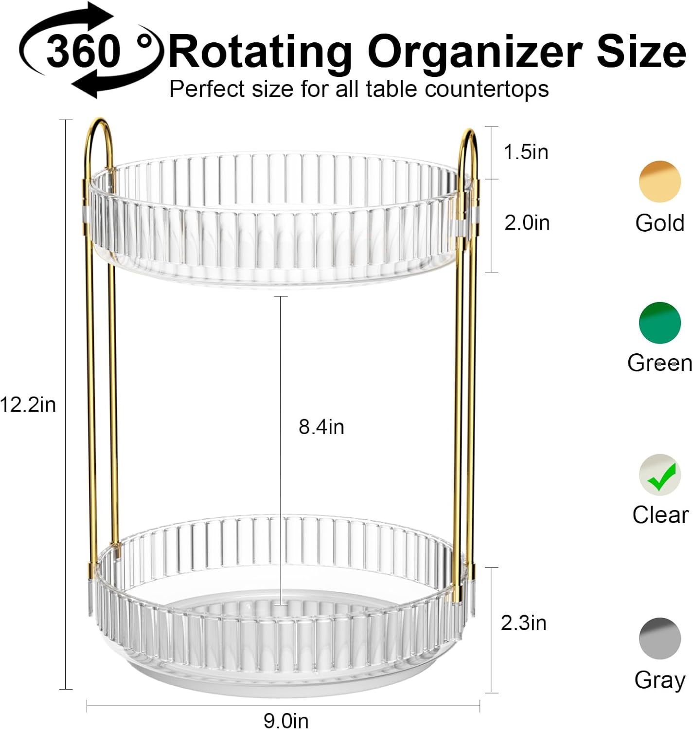 GTI 360°Rotating Makeup Organizer, 2 Tier Bathroom Counter Organizer,Large Capacity Perfume Cosmetics Skincare Vanity Organizers, Dresser Spinning Countertop Organizer and Storage for Women (Clear)