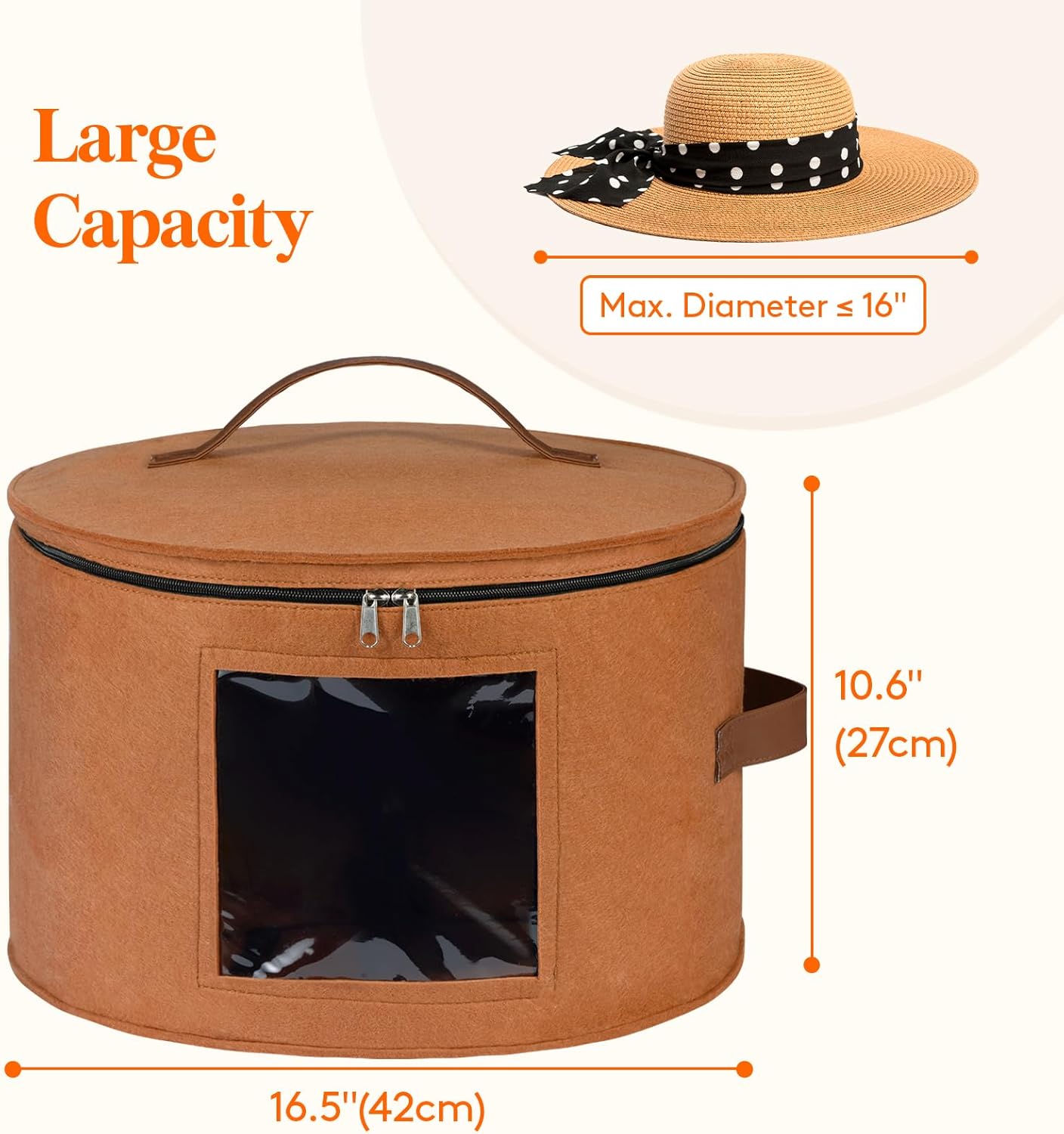 Lifewit Round Cowboy Hat Box for 7 Caps, Large Felt Hat Organizer Bag for Men & Women Storage, Baseball Cap Container with Dustproof Lid for Travel, Foldable 16.5" D x 10.6" H Carrier, 2 Pack, Brown