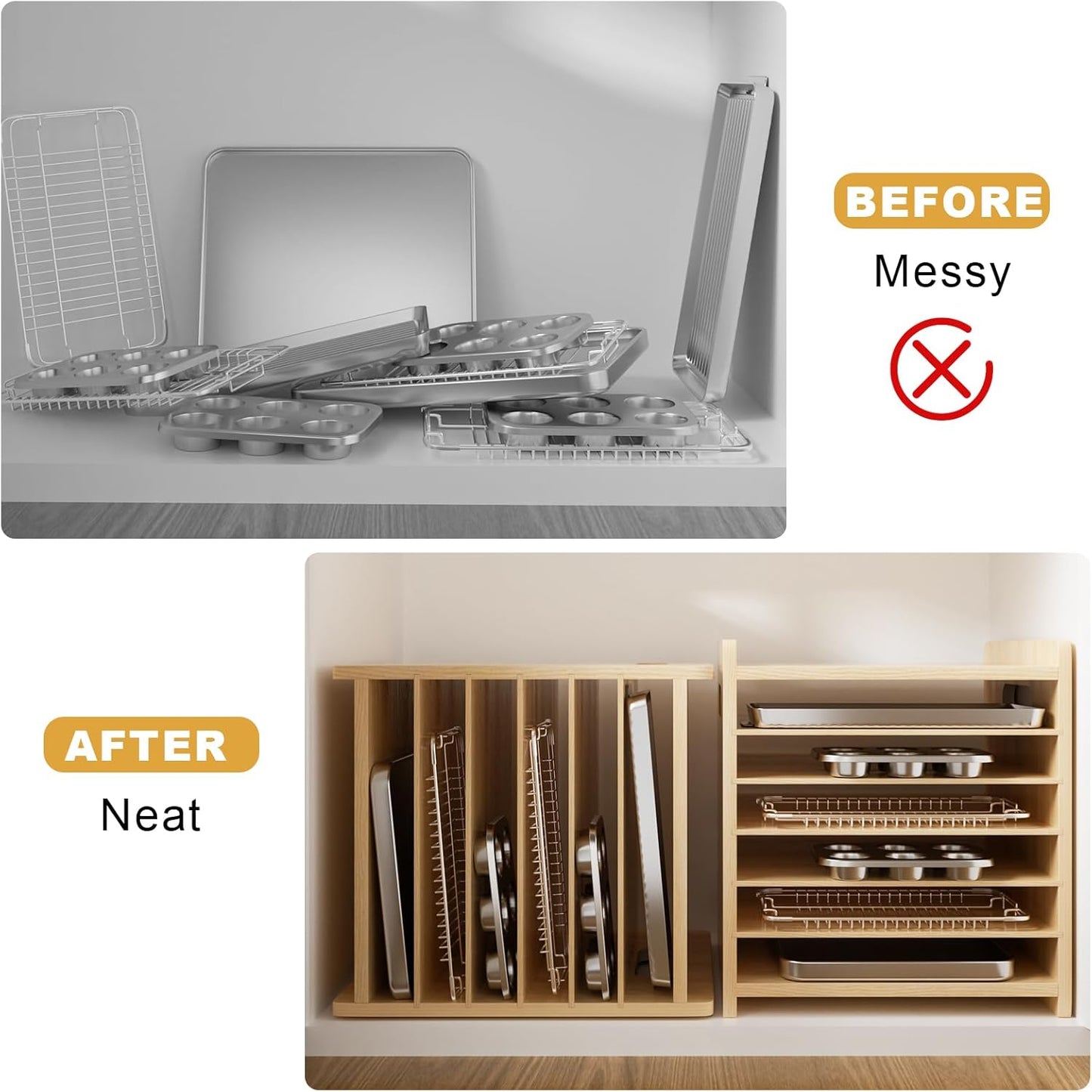 7 Tier Wooden Cookie Sheet Organizer for Cabinet Pot, Pans, Baking Tray Organizer for Kitchen Documents Storage(16.6" W x 16.5" H x 15.2" D)