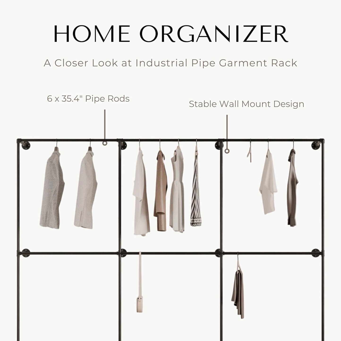 Industrial Pipe Clothing Rack, Heavy Duty Wall Mounted Clothes Rack,Retail Display Hanging Garment Rod for Laundry Rooms, Closet Storage, 14.6x110x82.7 Inches, Model K04