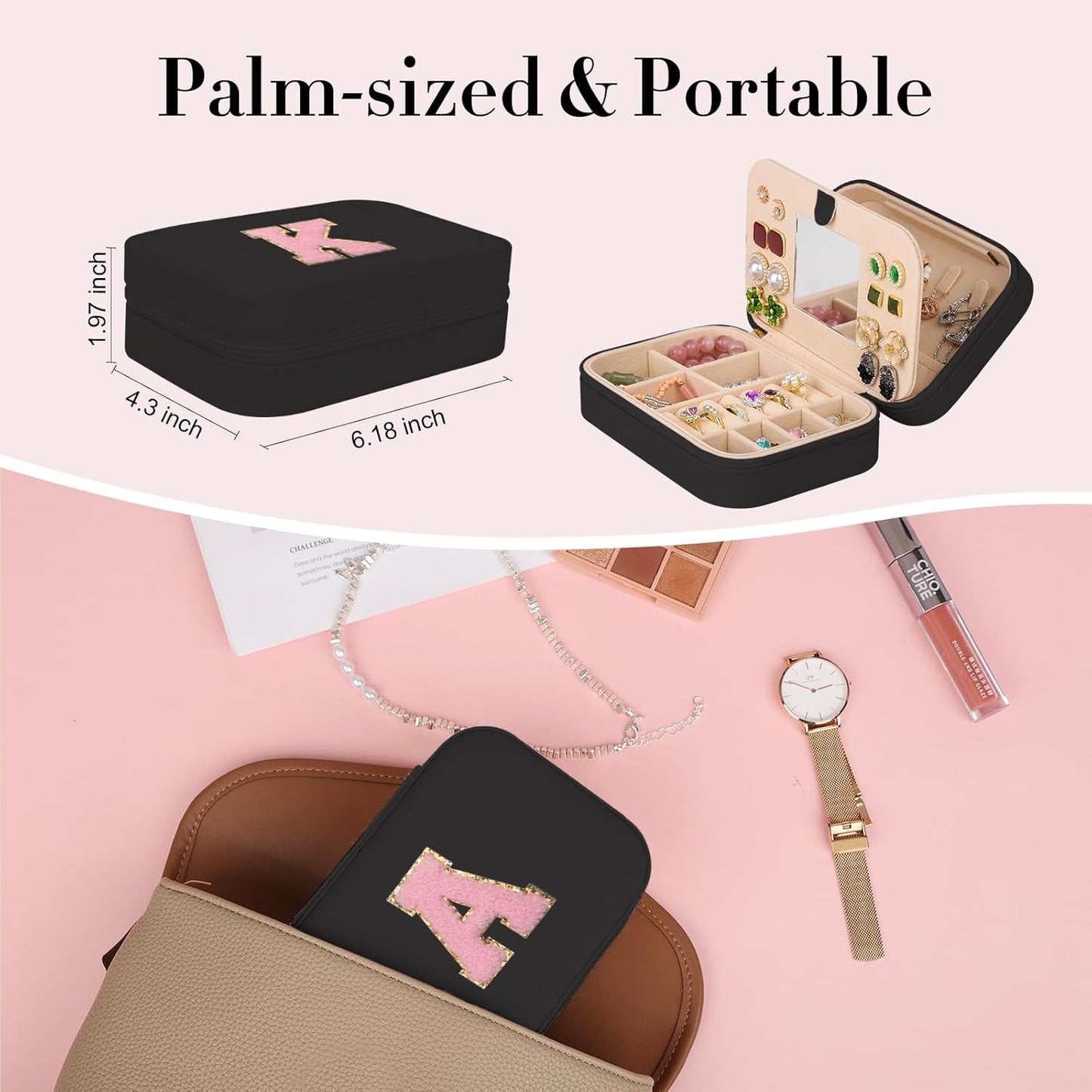 TopPerfekt Travel Jewelry Case, Jewelry Box with Mirror, Jewelry Organizer Bridal Shower Gifts to Her, Earring Storage Travel Case, Trendy Gift for Women and Girls, Girlfriend-Letter A, Black