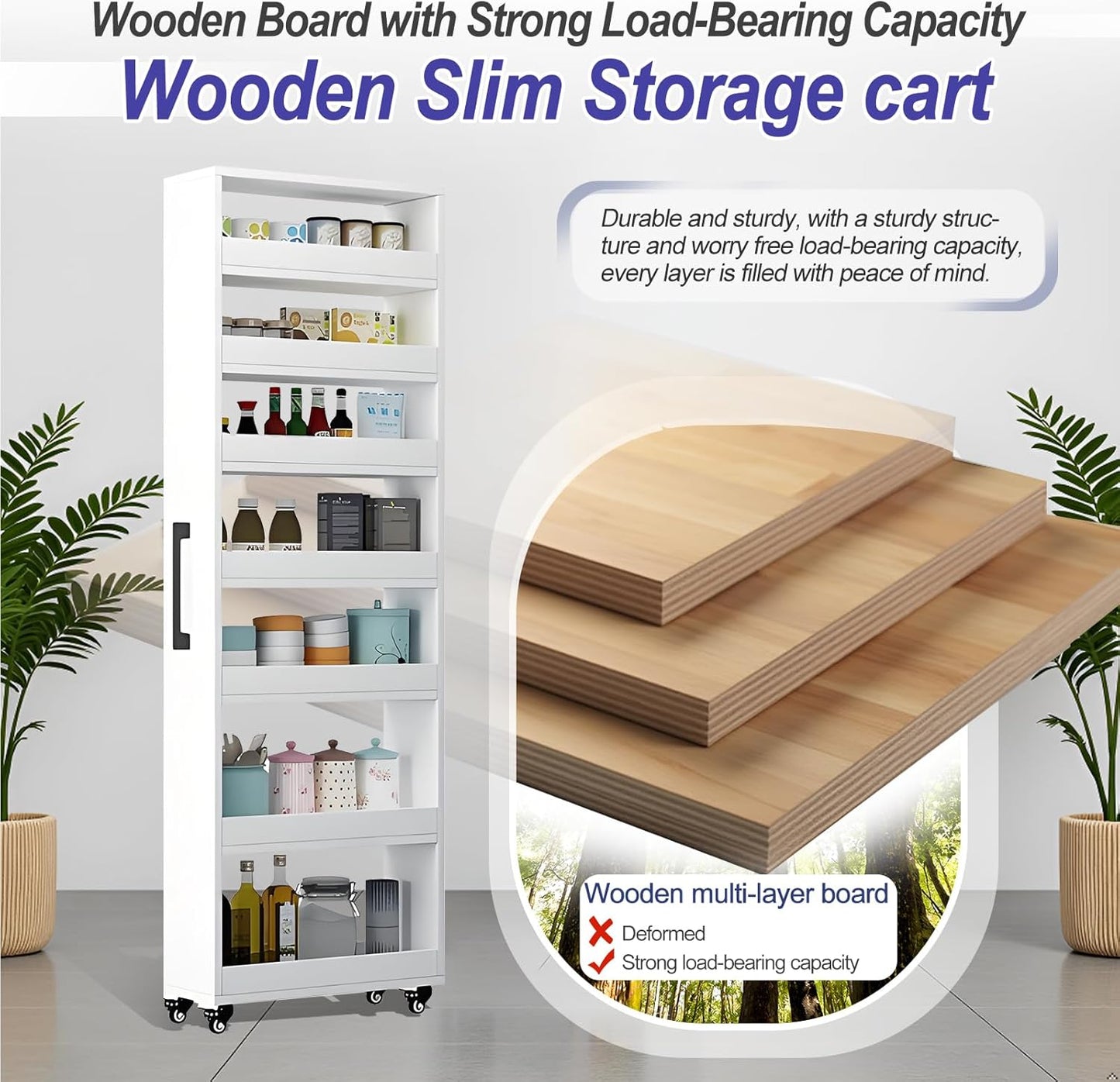 7-Tier Slim Storage Cart, Wooden Rolling Pantry Cabinet with Wheels, Narrow Shelf Organizer for Kitchen, Bakers Rack, Dining Room, Closet, Small Spaces Teak 73.2''H*7.8''W*19.6''D