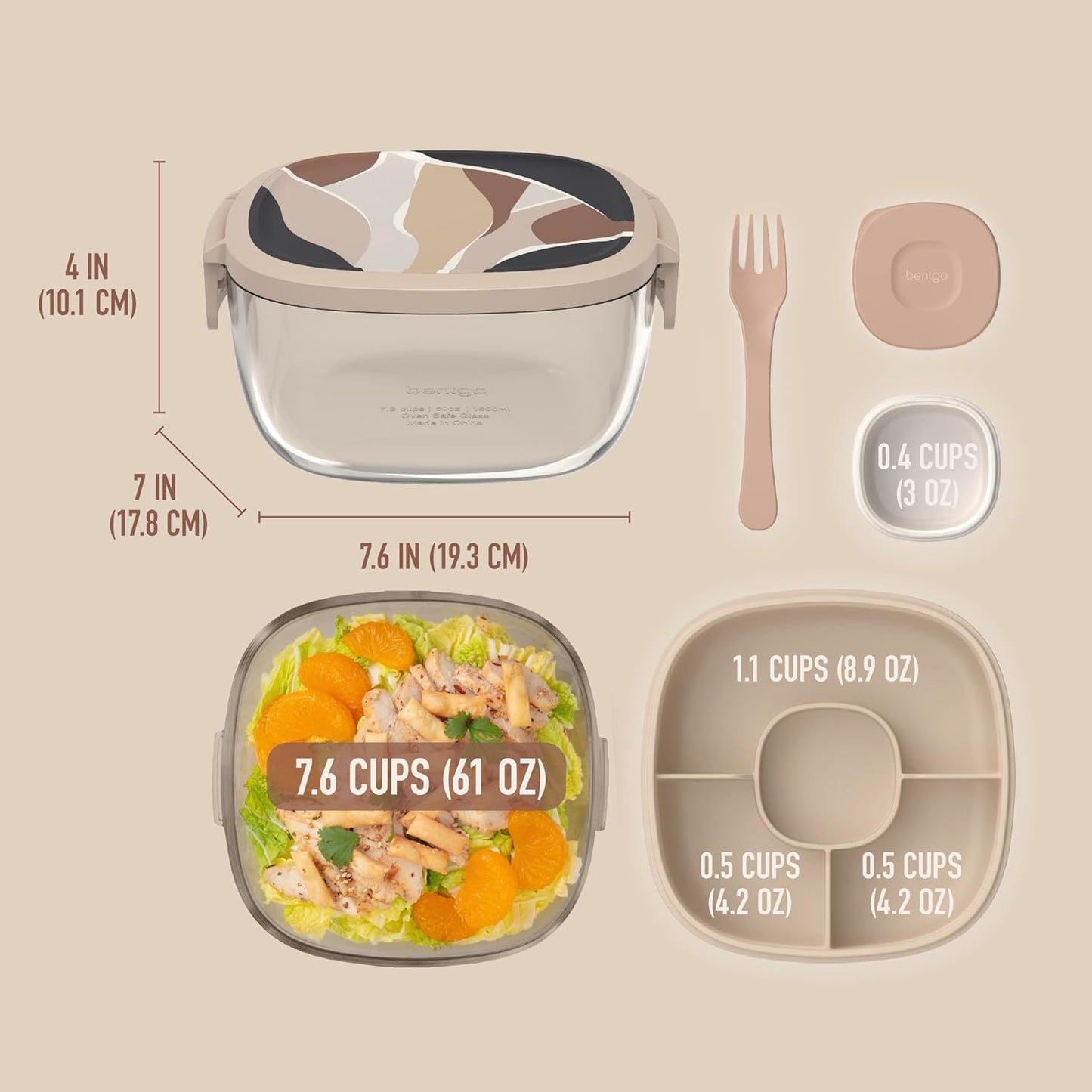 Bentgo Glass Prints All-in-One Salad Container - 61oz Tinted Glass Salad Bowl with Lid, Bento-Style Tray, Sauce Container, & Reusable Fork - Dishwasher & Microwave Safe (Inky Abstract - Neutrals)