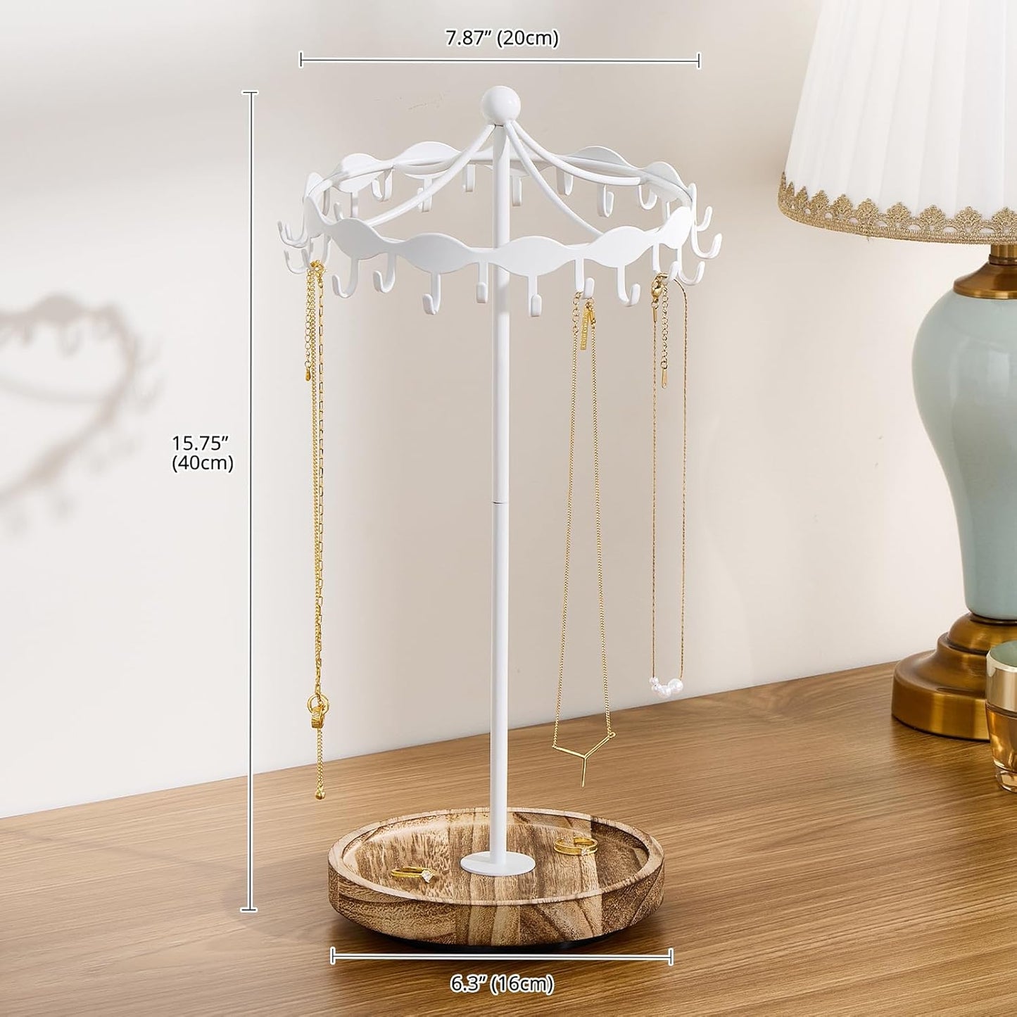 Lolalet Rotating Necklace Holder Stand with Metal Hooks, Spinning Display Carousels, Freestanding Organizer Hanger, for Long Necklaces Chains -White