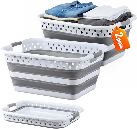 Monozuki Collapsible Plastic Laundry Basket 11.1 gallon(42L) 2pcs Eco-recycled material - Foldable Pop Up Storage Container/Organizer - Space Saving Hamper/Basket BPA Free