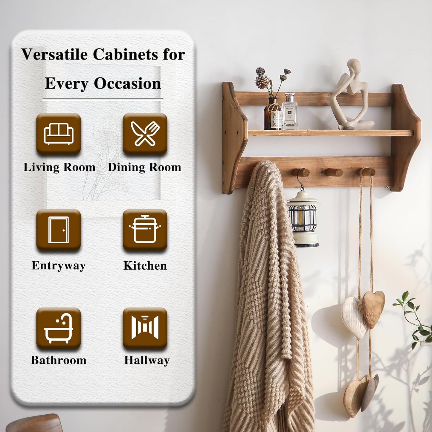 100% Solid Wood Wall Hooks with Shelf, Rustic Coat Rack with Shelf Wall-Mounted, Farmhouse Decor Shelves with 4 Hooks for Clothes Hats Towel Purse Robes, Bathroom Mudroom Bedroom, Entryway