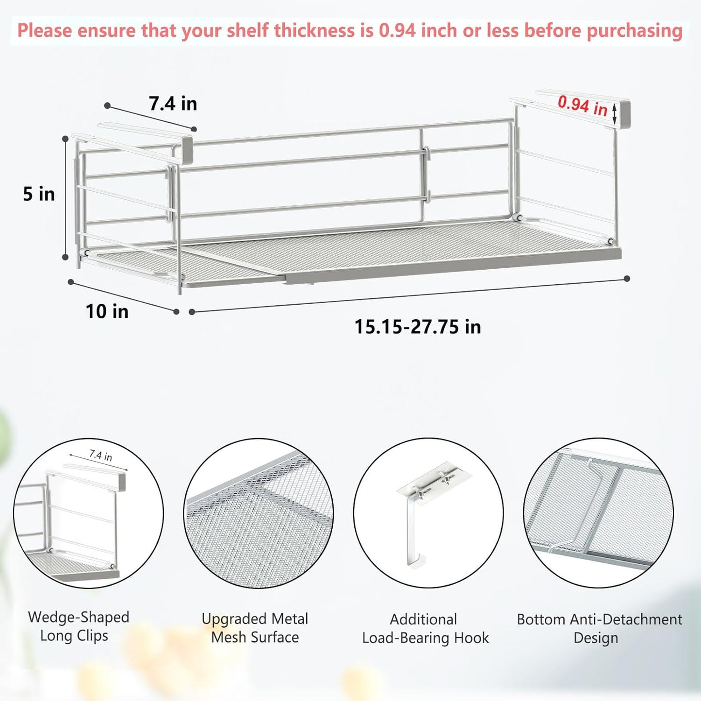Expandable Under Cabinet Shelf, Extendable Under Shelf Storage with Removable Wire-Like Back for Pantry Cabinet, Laundry Room, Shoe Rack. (White, 2 Pack, Interior: 5" H x 10" D)