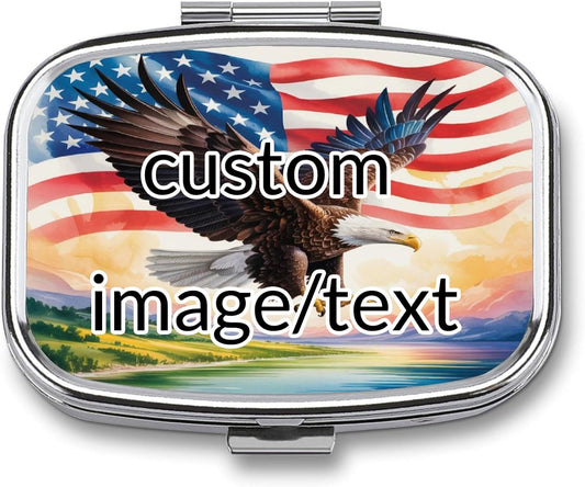 Custom Metal Pill Organizer, Personalization Pill Box with Photo Text Name, 2-Compartment Push-Button Case for Daily Vitamins & Travel