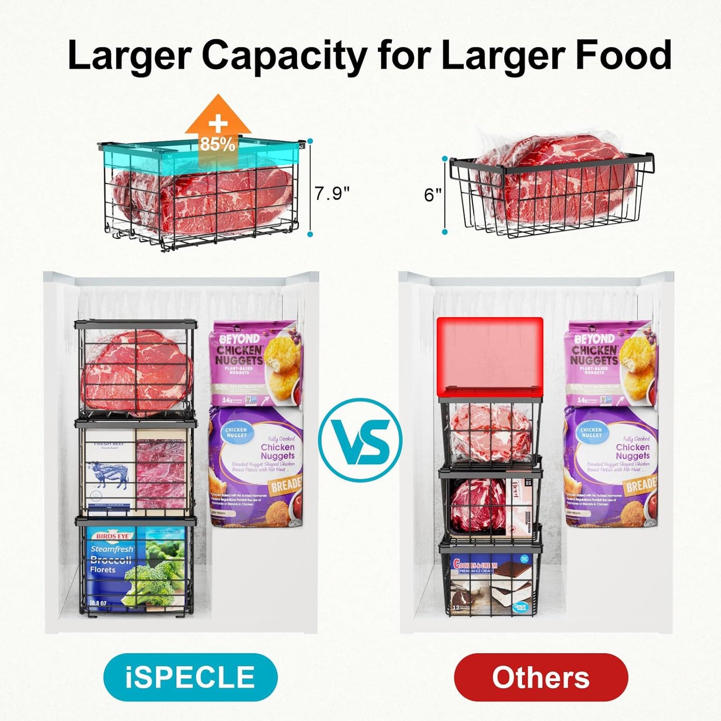 iSPECLE Freezer Organizer - 6 Pack Large Freezer Organizer Bins for 5 to 7 Cu.Ft Chest Freezer, Stackable Easy Access Food No More Digging, Sturdy Metal Wire Basket Not Scratch Bottom, Black
