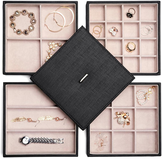BEWISHOME Jewelry Organizer Tray Stackable Earring Storage Trays with Lid for Dresser and Drawer 32 Slots for Rings, Earrings, Necklaces, Bracelets and Watches Set of 4 Black SSH81B
