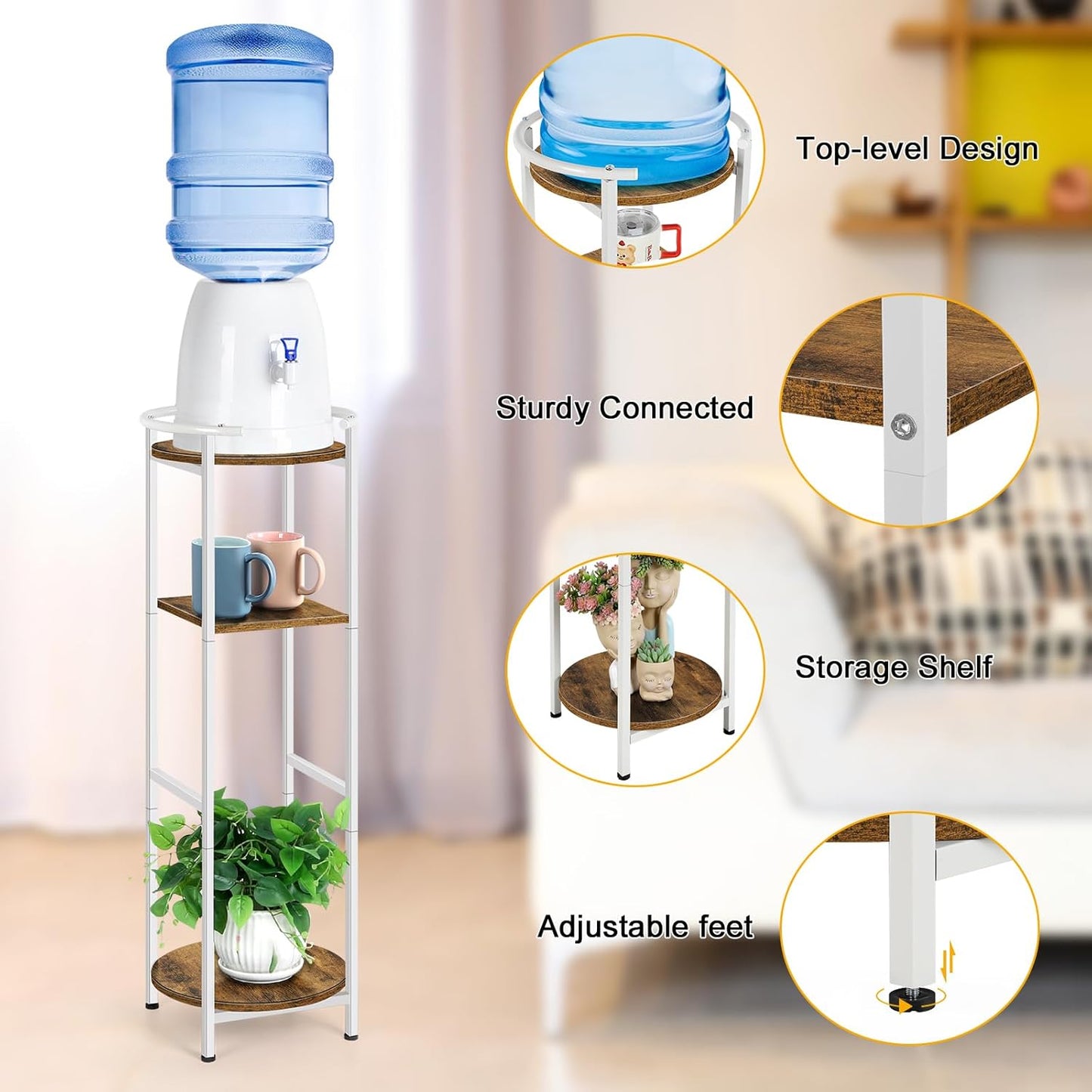 OYEAL Water Dispenser Stand 5 Gallon Water Cooler Jug Storage Rack Water Filter Stand with 2 Storage Shelves, Modern Flower Shelf Display for Home Kitchen Office Space Save, Rustic Brown & White