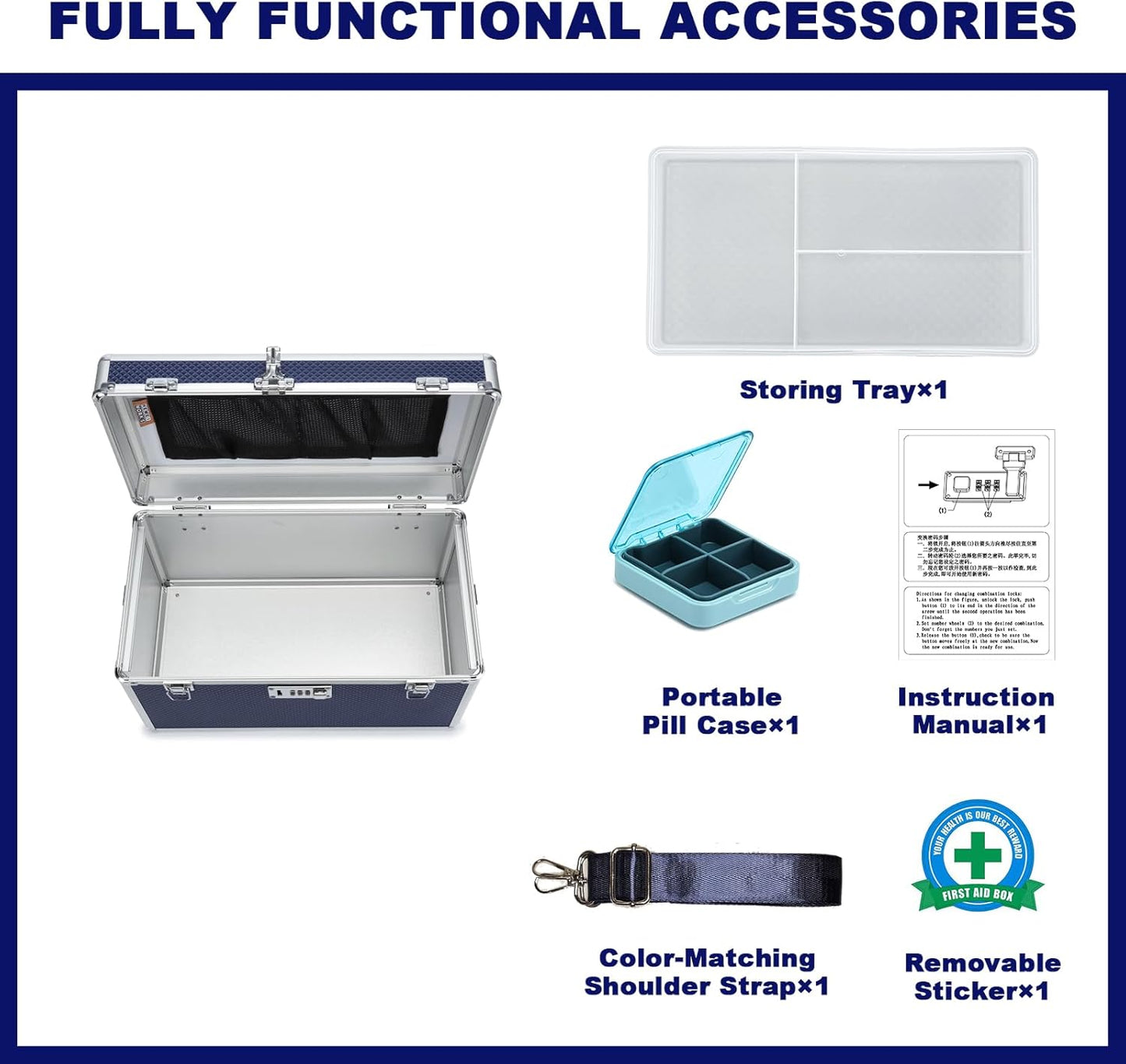 Storage Lock Box with Combination code, Lockable Medicine Storage Case, Empty First Aid Box, Security Lock Box, Multipurpose Lockbox for Home and Outdoor Use (Blue, X-Large)