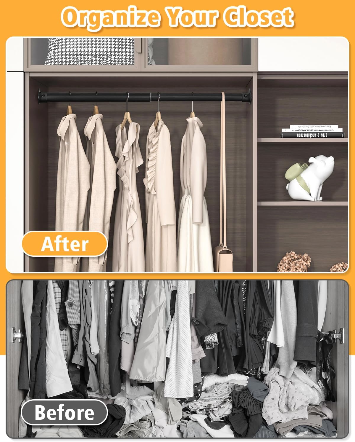 Closet Rod, 17 to 64 Inch Heavy Duty Adjustable Metal Clothing Rack for Hanging Clothes, Closet Poles for Wardrobes, Laundry, Durable Steel, Black