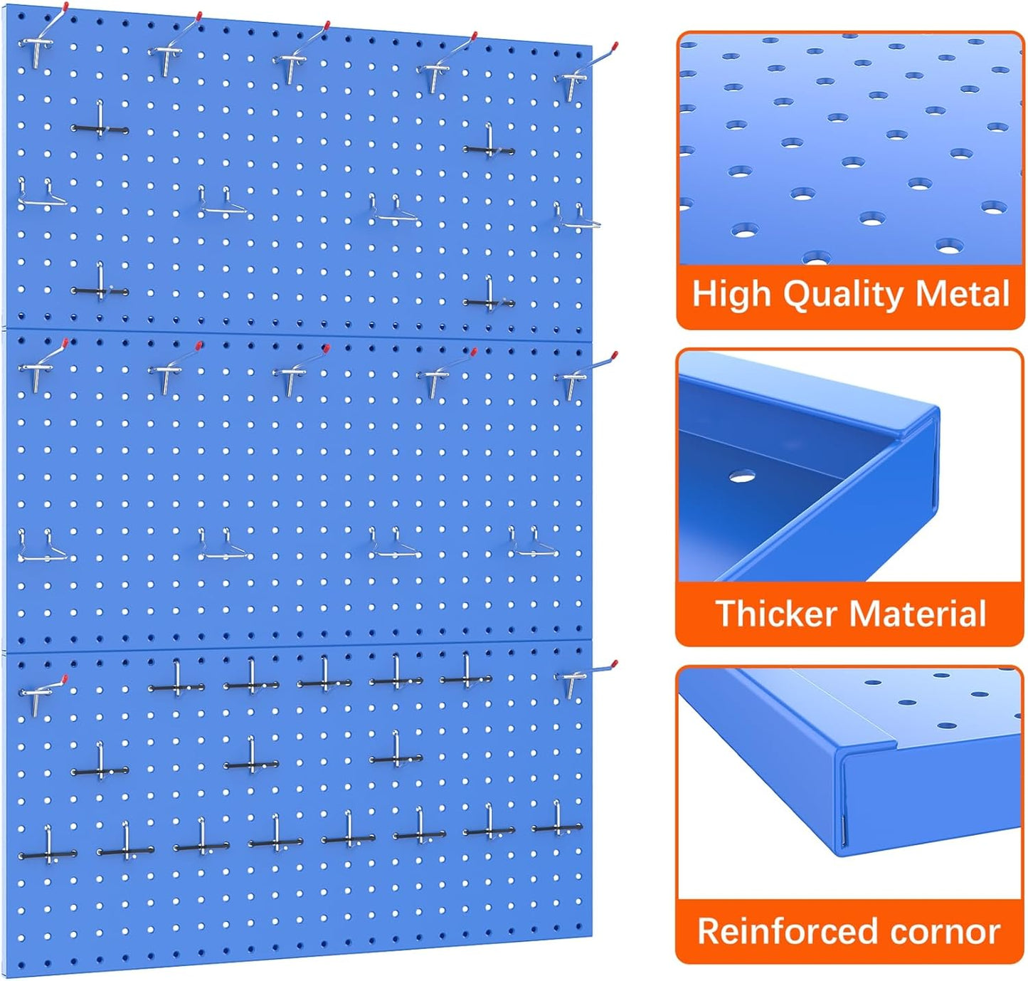 TORACK 3 PCS Metal Pegboard Panels(12x24 inch) for Wall Garage Utility Tools Storage Pegboard for Workbench, Modular Peg Board Tool Organizer Board Kit(Pack of 3, Blue)