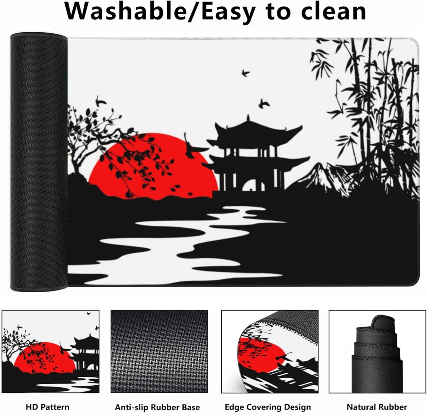 Desk Mat,Japanese Landscapes with Mountains Gaming Mouse Pad,XXL Extended Mouse Pad Mat for Office,Computer,Keyboard with Non-Slip Base Stitched Eges Mousepad 35.4x15.75 inch