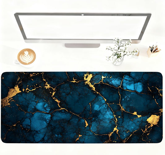 Blue Marble Gold Vein Mouse Pad – Large Extended Desk Mat 35.43 x 15.75 in – Elegant Navy Ink Texture with Metallic Cracks, Keyboard & Mouse Pad for Office & Gaming