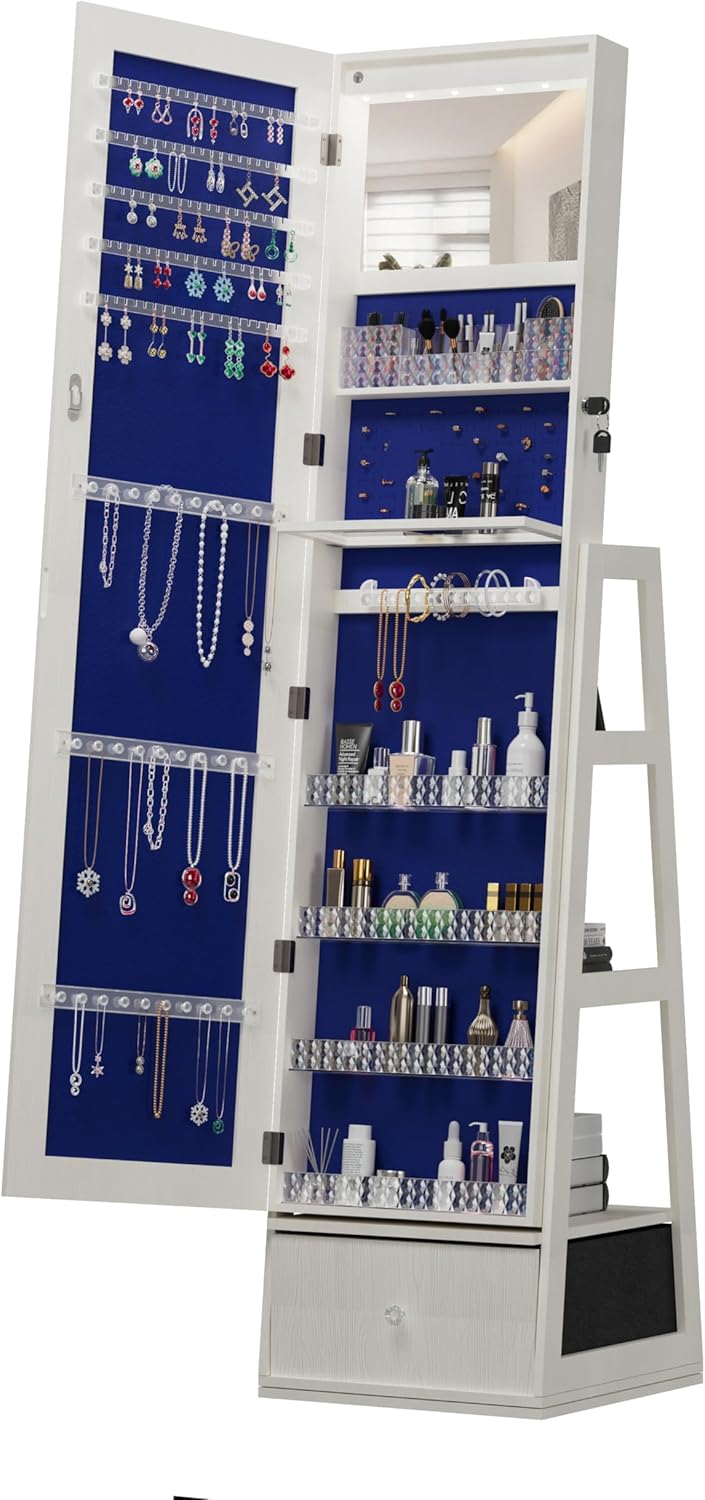 Montary Jewelry Cabinet with Full-Length Mirror - Freestanding Jewelry Armoire with Lockable Storage, Built-In Lighted Mirror & Back Storage Cabinet, White