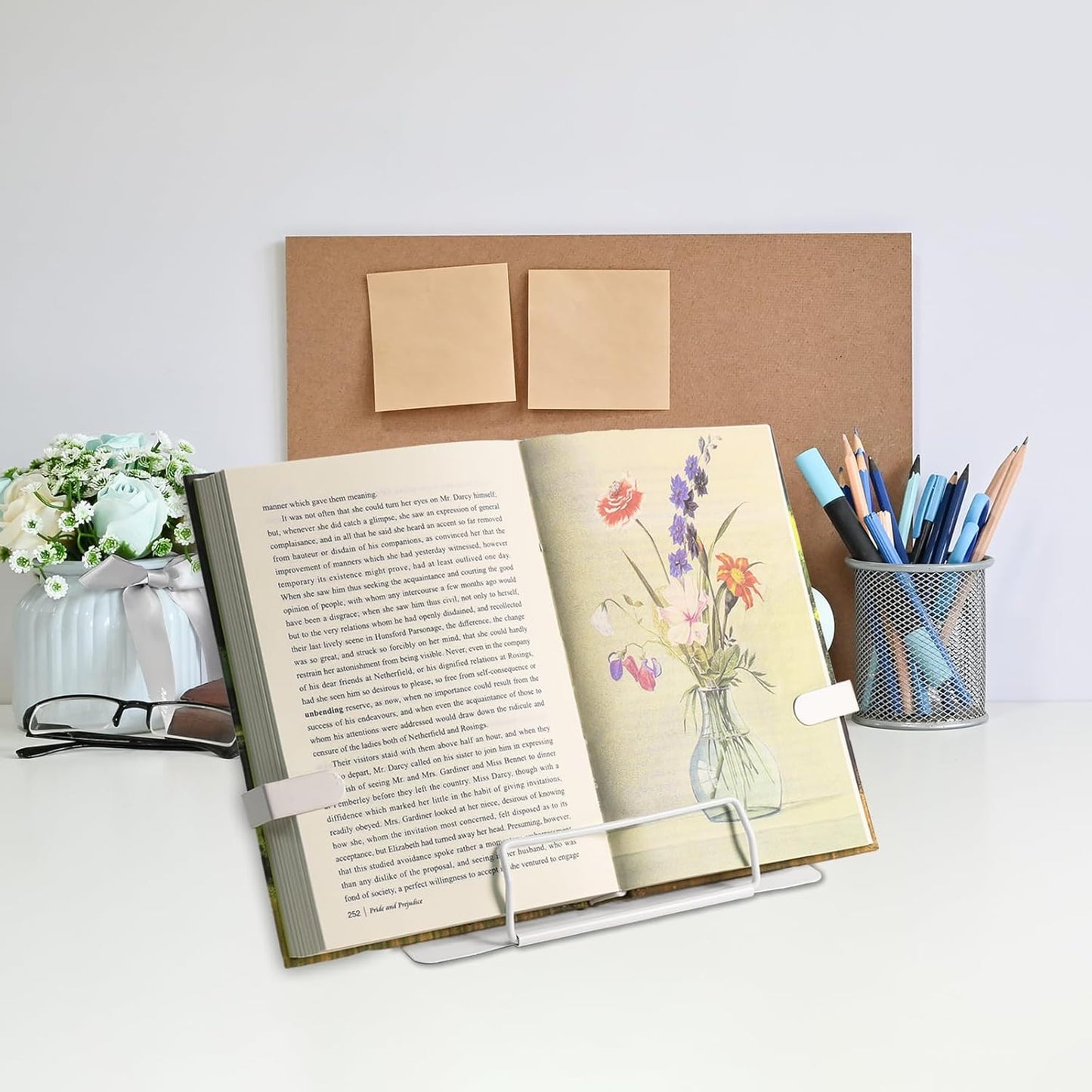 Metal Desk Book Stand for Reading with Adjustable Clips, Hands-Free Foldable Book Holder for Kids, Portable Document Stand for Desk, Display Stand for Recipes, Cookbooks, Tablets - White
