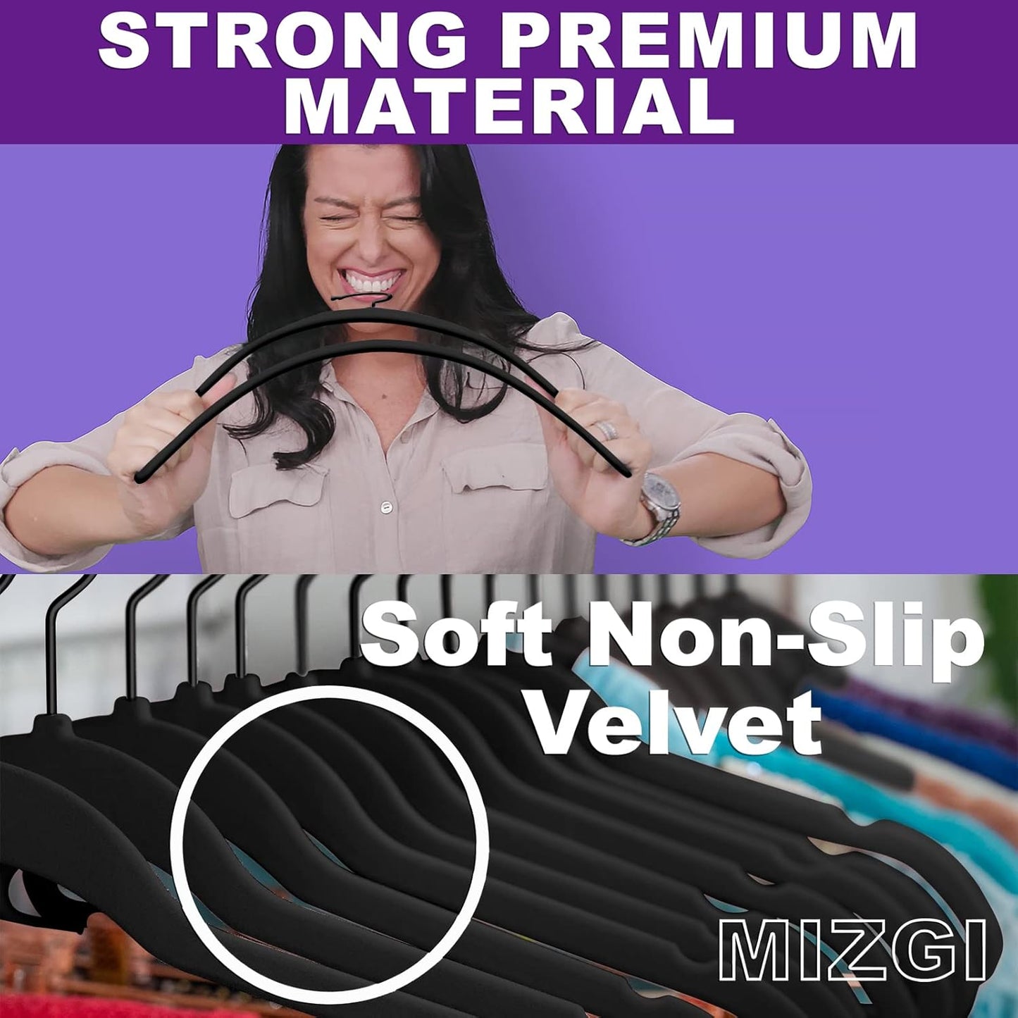 MIZGI Premium All Black Velvet Hangers with Black Hooks (50 Pack) Heavy Duty - Non Slip Felt Hangers - 360 Degree Swivel,Space Saving Clothes Hangers,Durable Strong Hanger for Suits,Coat