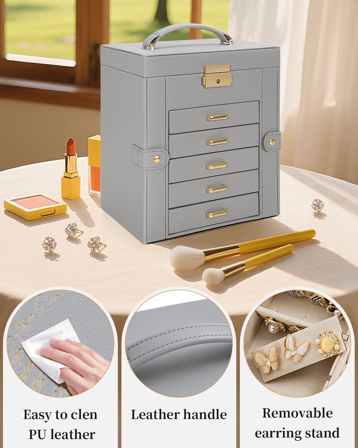 TORIBIO Large Jewelry Box for Women, Leather Jewelry Organizer with Mirror & Lock, 6-Tier Jewelry Storage Case for Girls/Women/Mothers, Necklace Earring Bracelets Holder Organizer