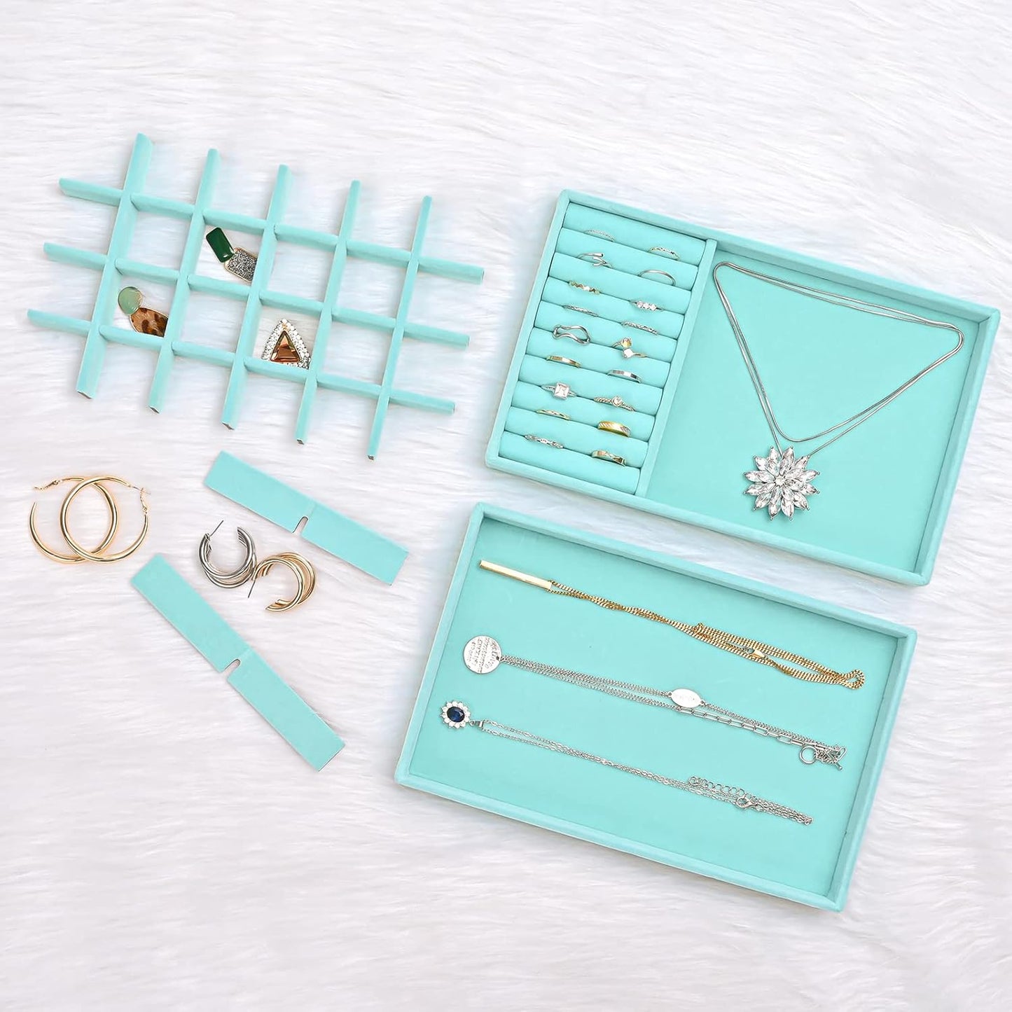 ProCase Stackable Jewelry Organizer Trays for Drawers, Jewelry Drawer Inserts Container Display Case Storage for Earring Necklace Rings Bracelet with Removable Dividers -Blue, 4 Layers