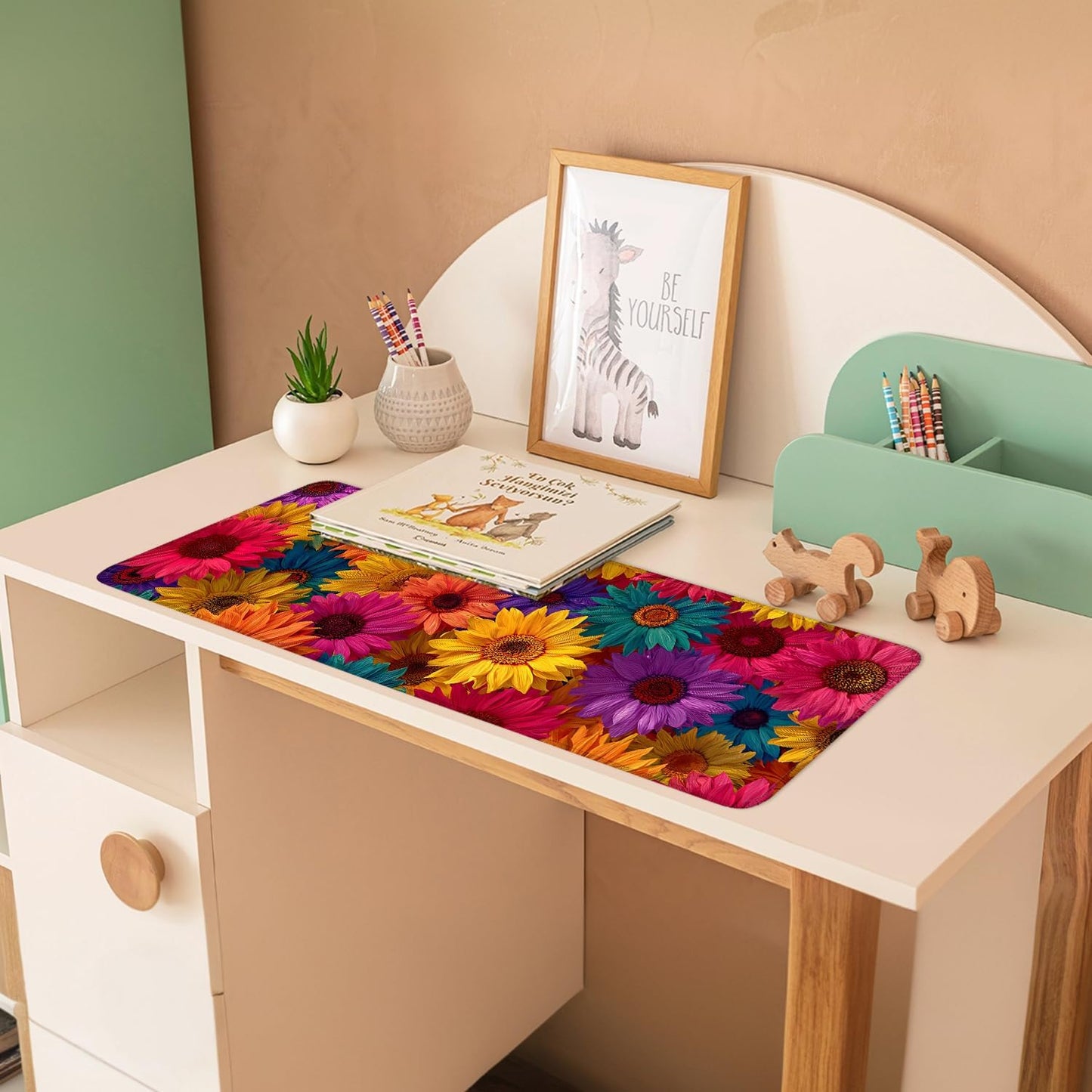 Colorful Floral Mouse Pad – Large Extended Desk Mat 31.5 x 11.8 in– Bright Rainbow Sunflower Design, Non-Slip Rubber Base, Waterproof Surface, Oversized Keyboard & Mouse Pad for Office or Gaming