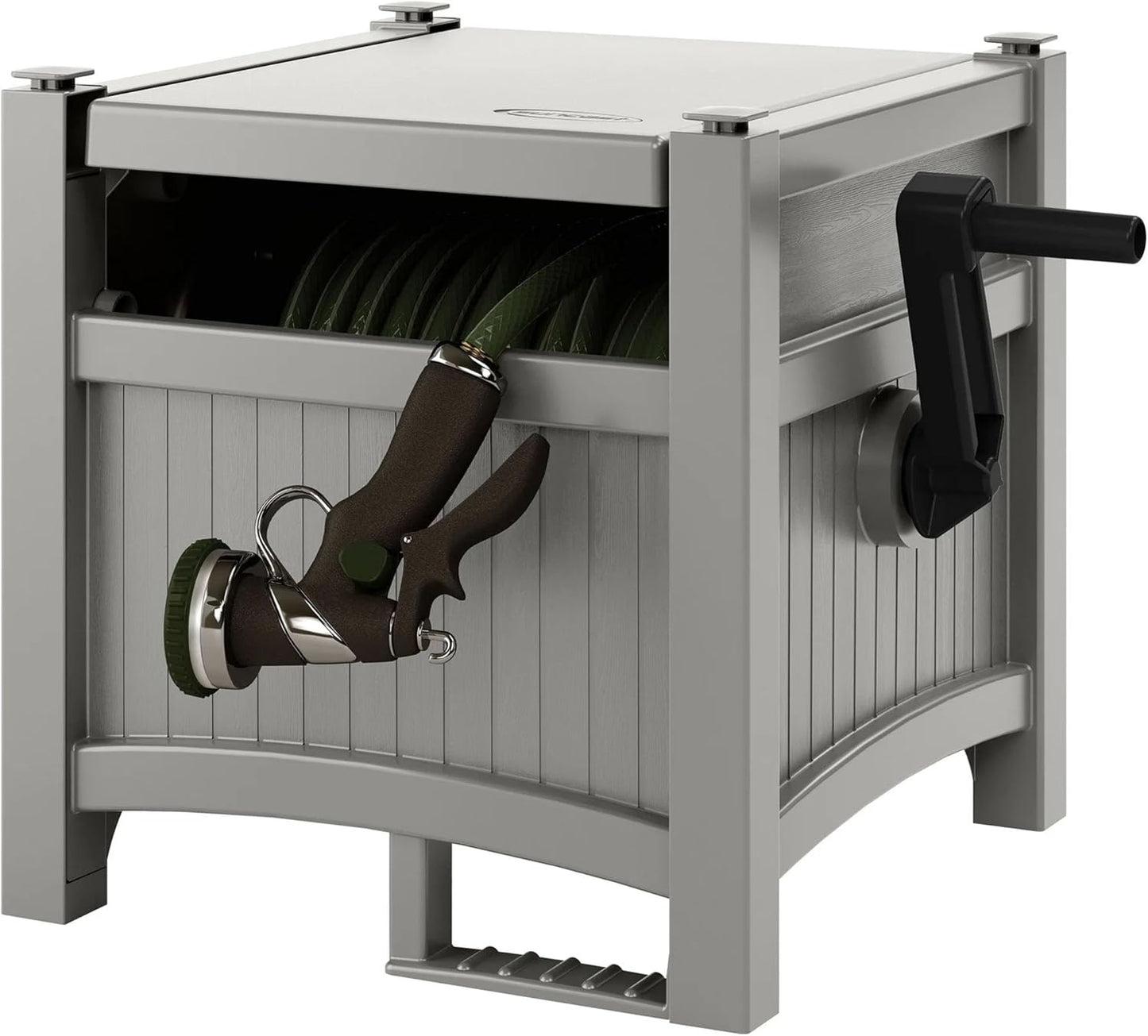 100 ft Garden Hose Reel Hideaway - Holds 5/8" Hose, Durable Resin Storage with Side Handle, No Assembly Required, Compact Design (21x15.5x16 in) for Outdoor Organization, Gray
