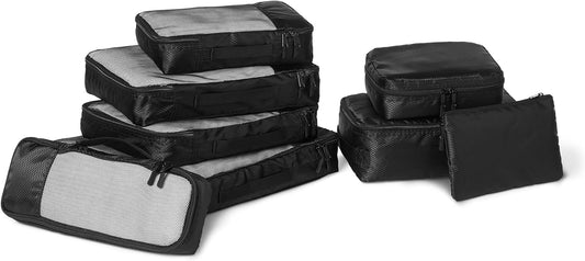 Amazon Essentials 8-Piece Packing Cubes Travel Accessories Set, Luggage Organiser with Double Zip, 100% Polyester, Multiple Dimensions, Black