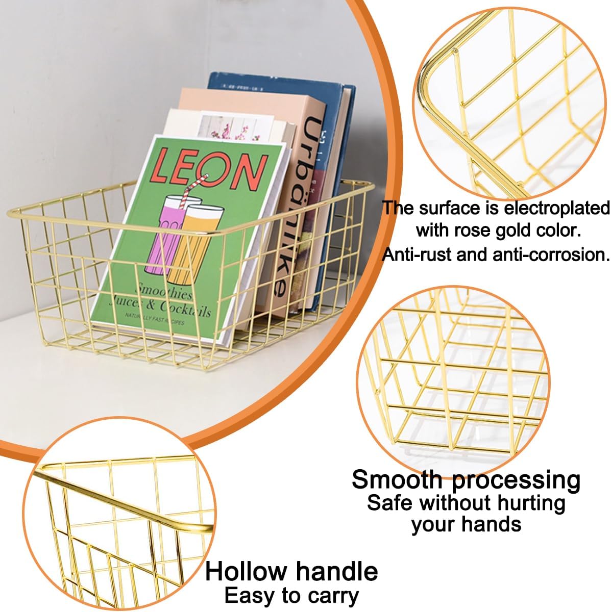 4 Pack Gold Wire Baskets for Organizing Office Wire Storage Basket Gold Metal Storage Baskets for Kitchen Cabinets, Bathroom, Countertop