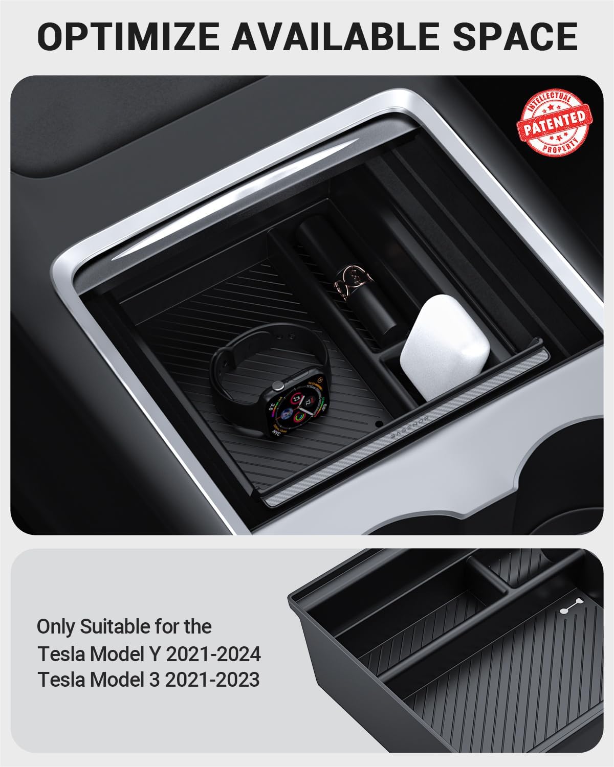 BASENOR 2021-2024 Tesla Model Y/3 Center Console Organizer Tray (Carbon Edition) Console Hidden Storage Box with Coin Purse and Sunglasses Holder for Model Y 2021-2024 Model 3 2021-2023