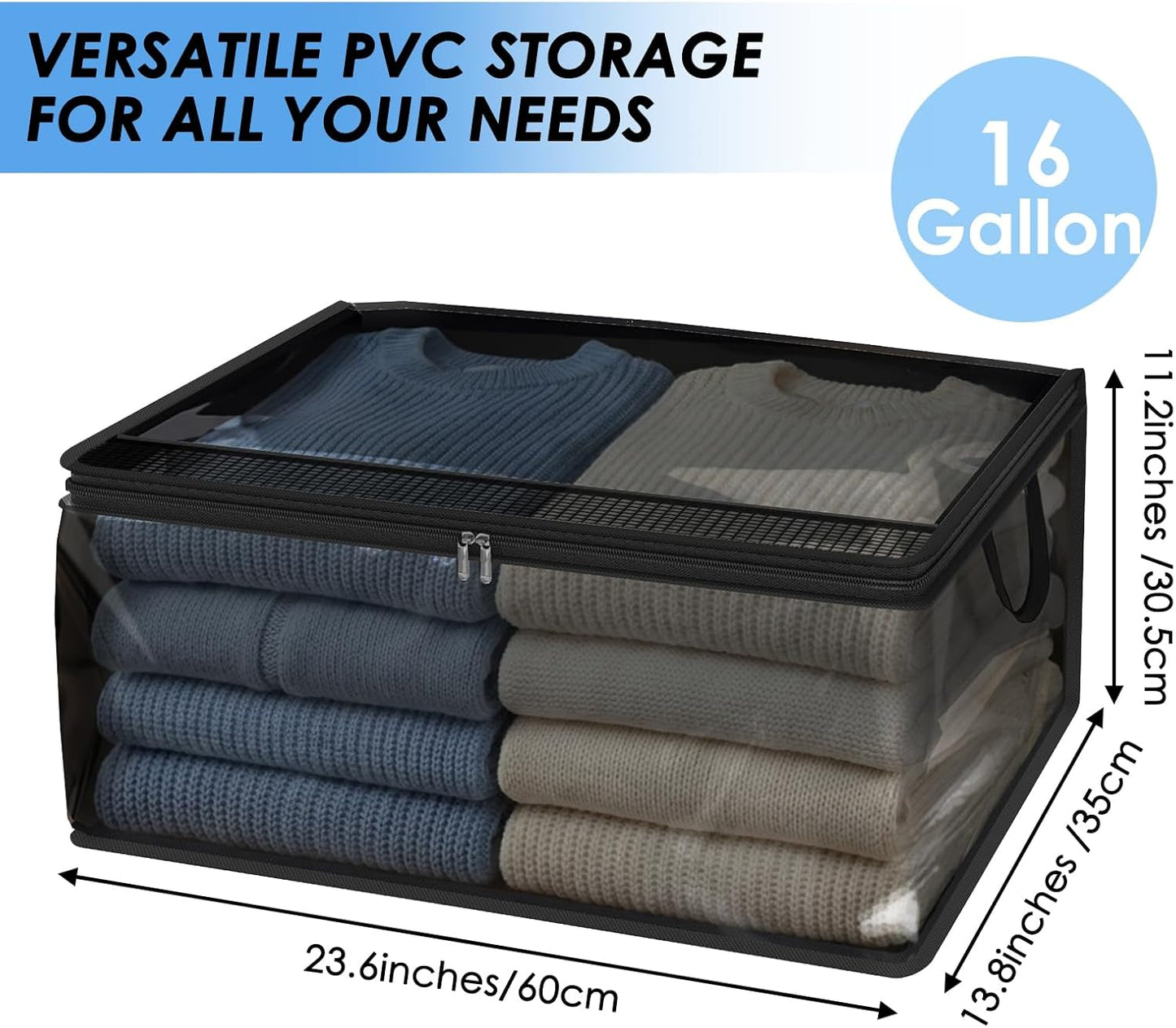 Fixwal 60L Blanket Storage Bags 4 Pack Clothes Storage Bins Foldable Thick Closet Organizers Storage Containers with Reinforced Handle for Clothing, Blanket, Comforters, Pillows(Black,PVC)