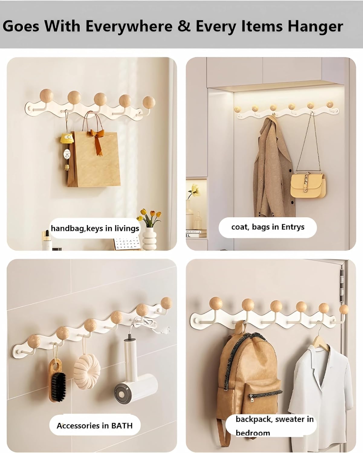 Coat Rack Wall Mount,White Wall Hooks Adhesive & Screw in,Anti-Tear Wooden Ball Hook Rail, Heavy Duty Metal Coat Hanger Wall Mount for Entryway, Bathroom, Bedroom, Kitchen2PACK (5-tri Hooks)