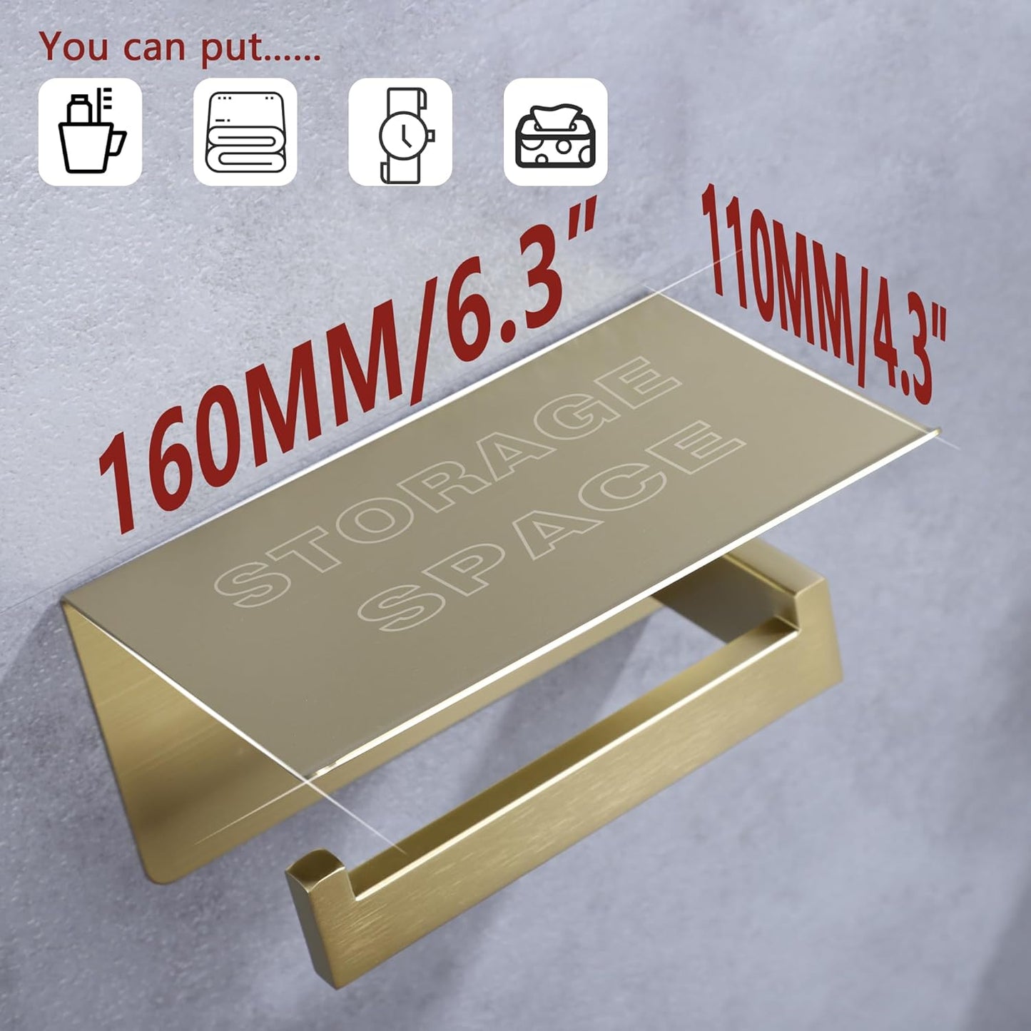 LANC Gold Toilet Paper Holder with Shelf Toilet Tissue Roll Holder with Phone Shelf for Bathroom Wall Mounted or Self-Adhesive Toilet Paper Roll Holder Stainless Steel, Left Rod, A8367BG-LF