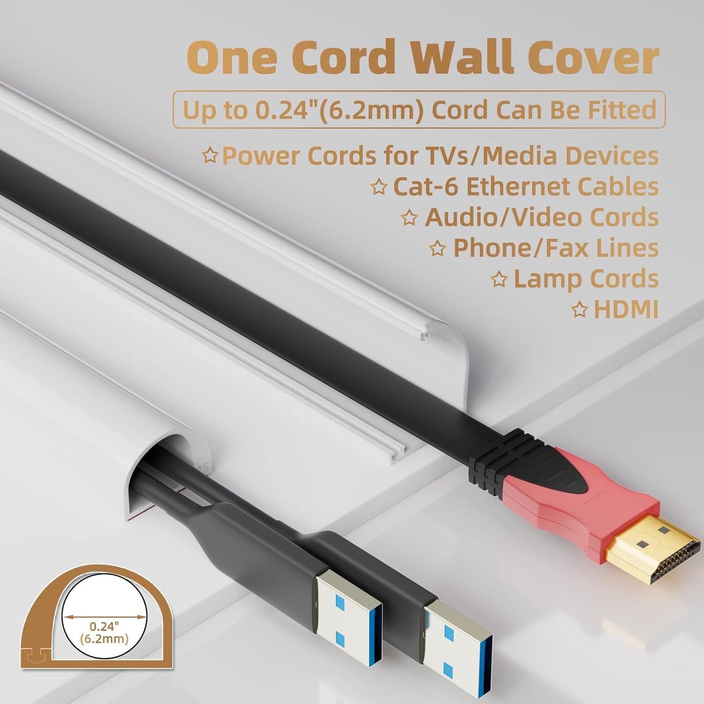 118" Side Open One Cord Hider (<1/4") for Wall Mounted Tv,Extension Cable Cover to Hide Conceal Cords Along Wall,Wire Raceway Management Cable Concealer Channel,Electric Cord Organizer Wiremold,White