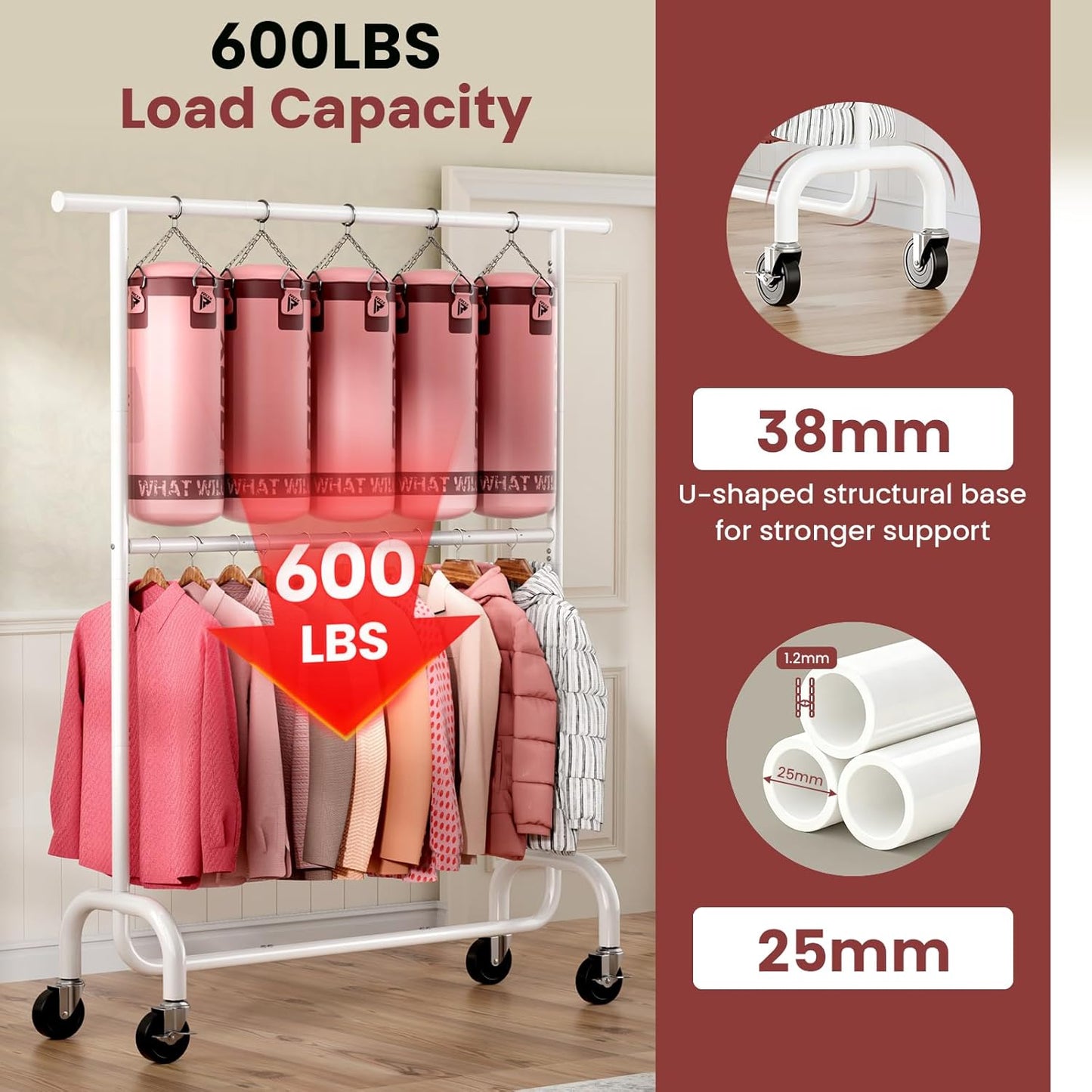 Heavy Duty Clothes Rack Load 600 LBS, Rolling Clothing Rack for Hanging Clothes with Lockable Wheels, Double Rod Garment Rack for Bedroom, Laundry, Living Room, White